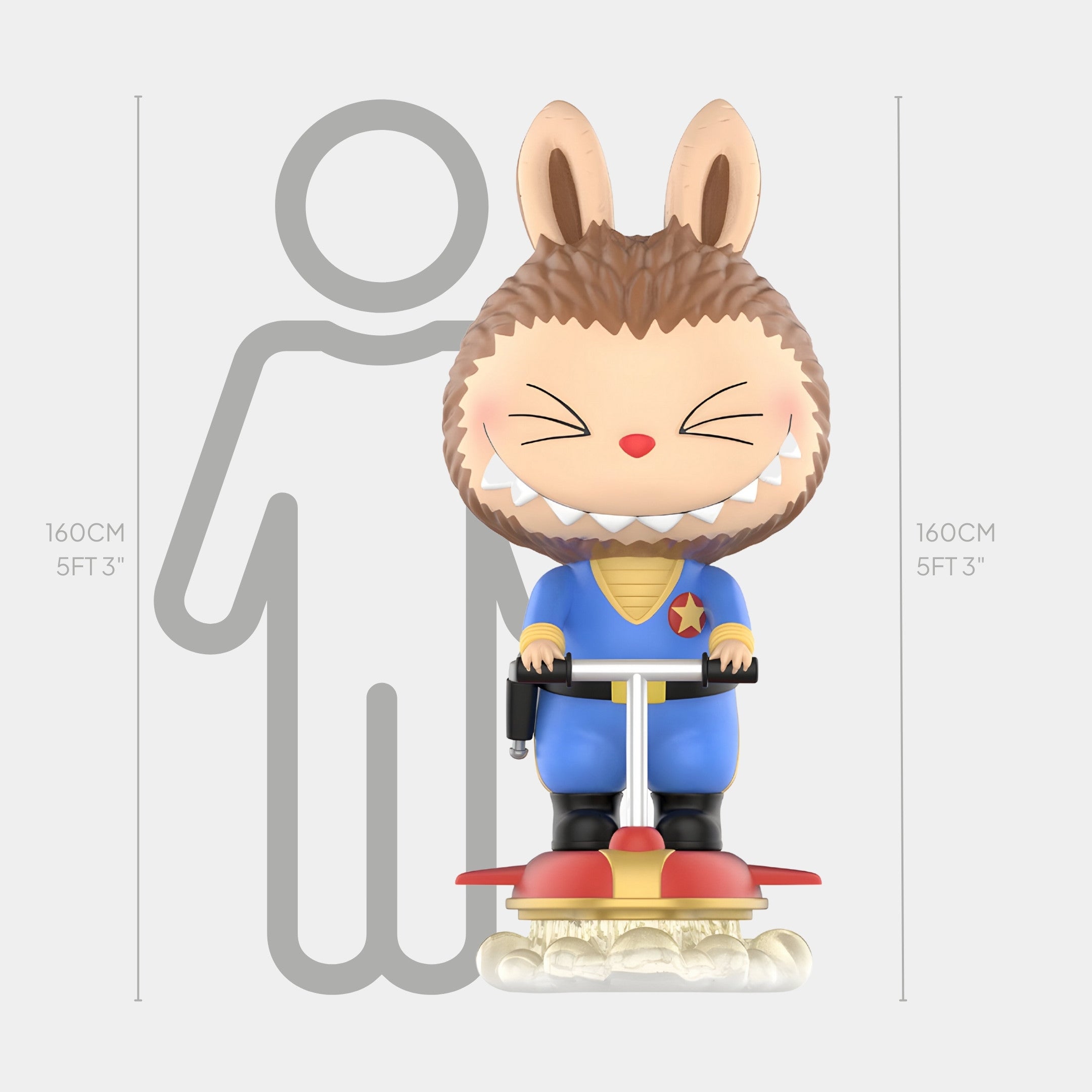 The Giant Sculptures Space Starkiller Surfer Labubu Sculpture stands 160cm tall, featuring a cartoonish bunny in cobalt blue and gold on a red hoverboard, shown with a simplified human silhouette for scale.