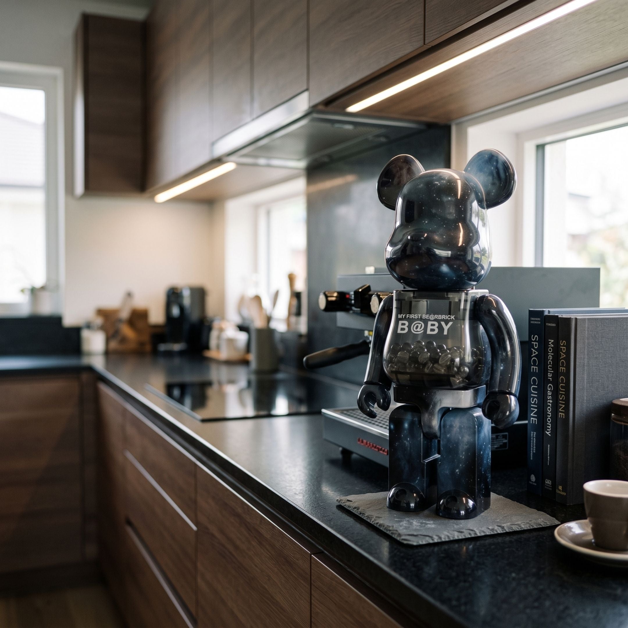 Starry Beads Bear Sculpture, 70cm glossy black BE@RBRICK-style figure with galaxy pattern and transparent beaded chest, displayed on a kitchen countertop.