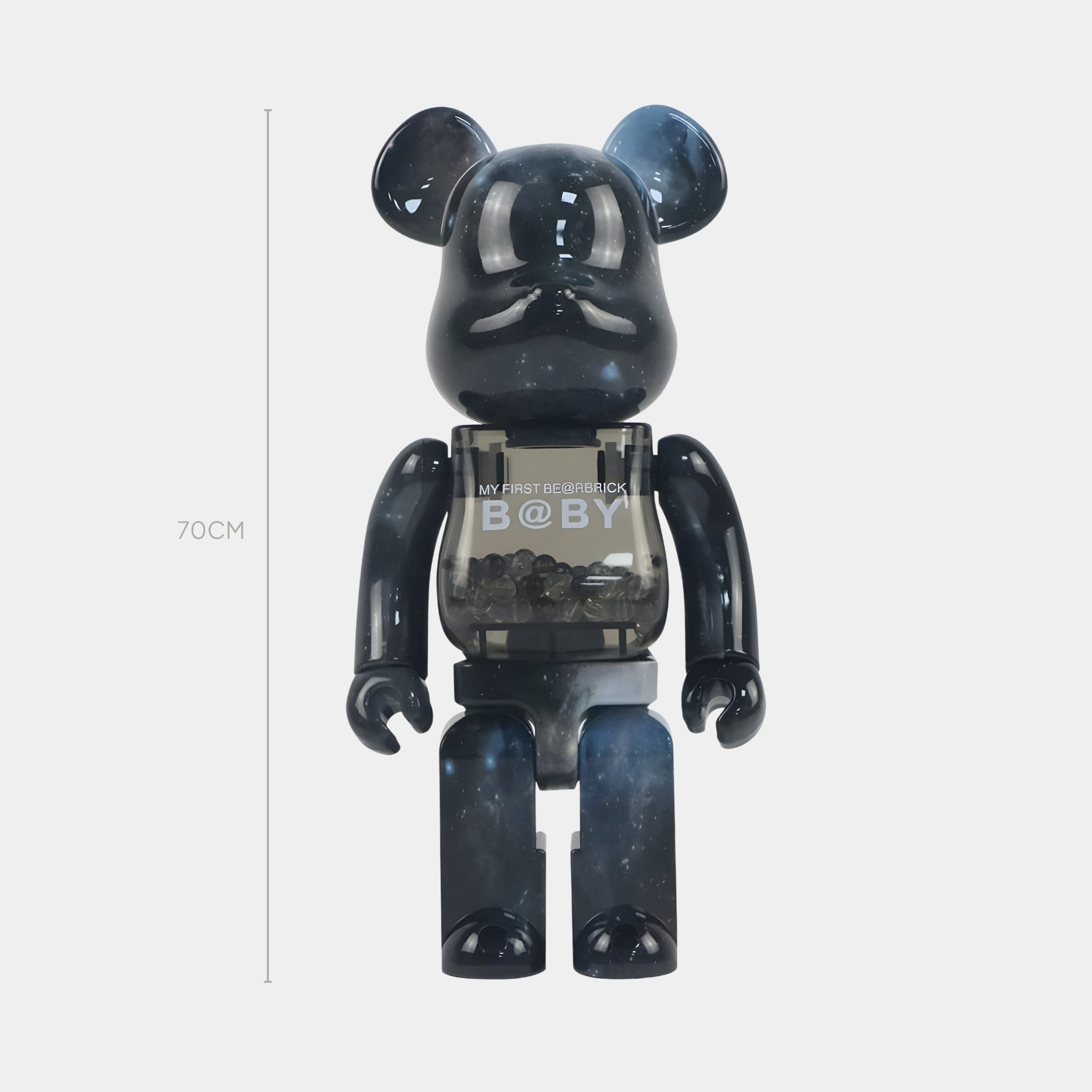 The Starry Beads Bear Sculpture - 70cm by Giant Sculptures is a glossy black resin BE@RBRICK figure with a celestial galaxy pattern and transparent chest, revealing swirling kinetic beads inside.