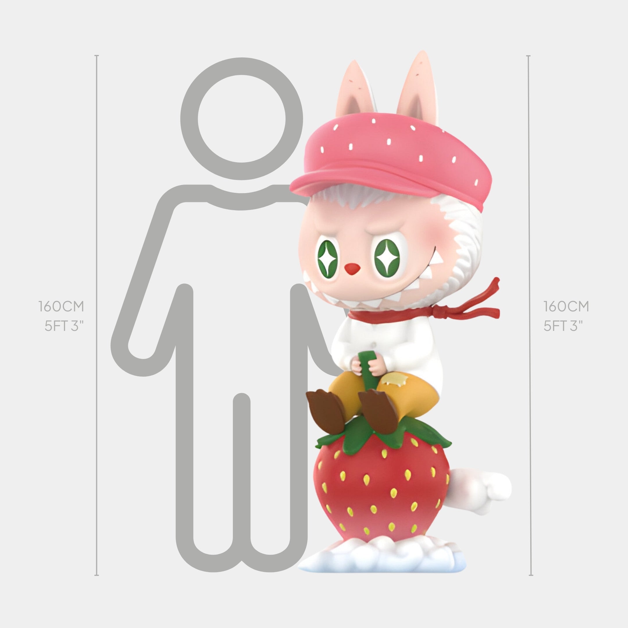 The Strawberry Fruit Labubu Sculpture - 160cm by Giant Sculptures features a cute bunny with green star eyes, pink hat, and red scarf sitting on a strawberry. Made of durable fiberglass, its perfect playful décor at 160 cm tall.
