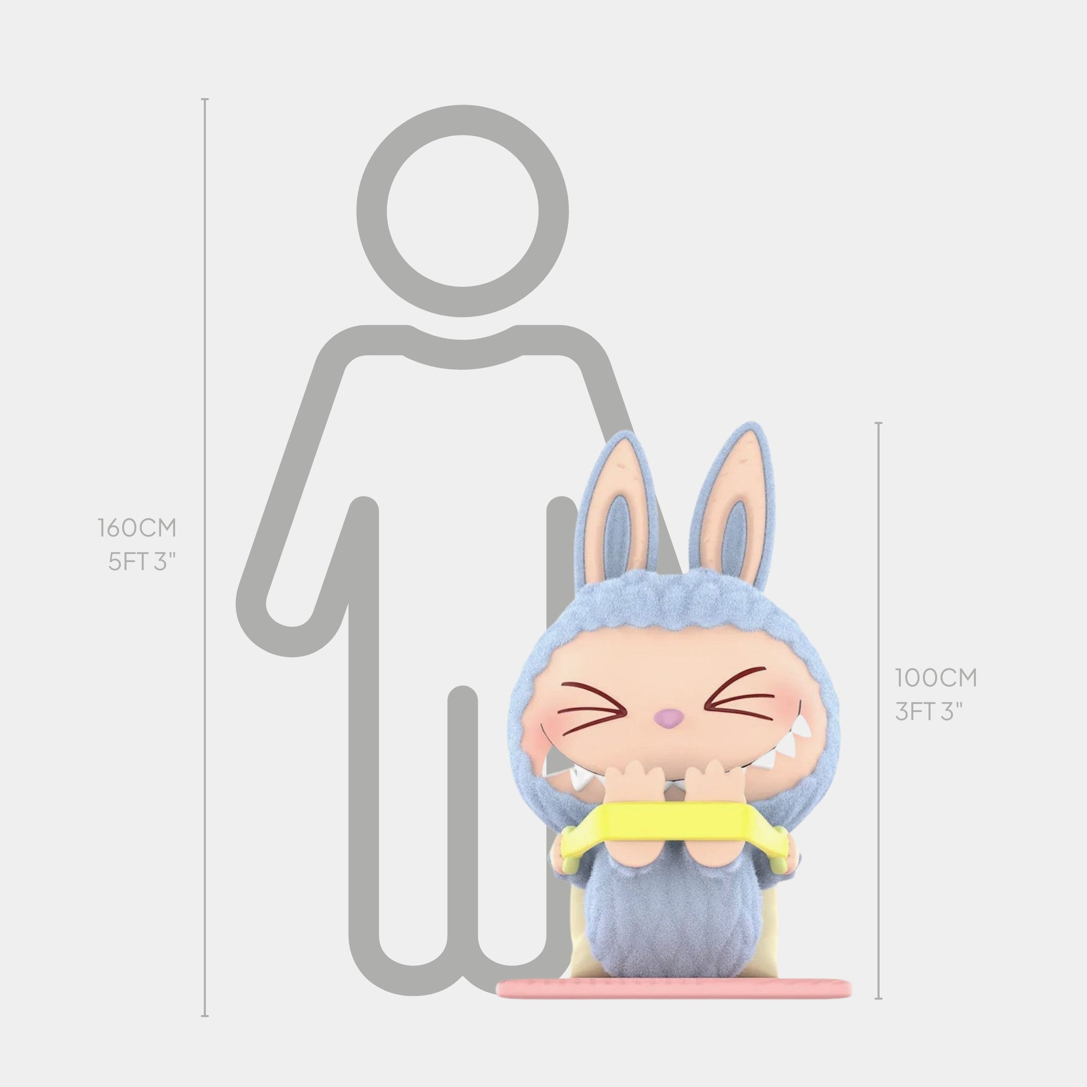 The Giant Sculptures Lazy Yoga Stretch Out Labubu Sculpture - 100cm features an adorable, bunny-suited fibreglass figure on a pink base, standing next to height markers showing its size beside a 160 cm person outline—perfect as an art toy display.