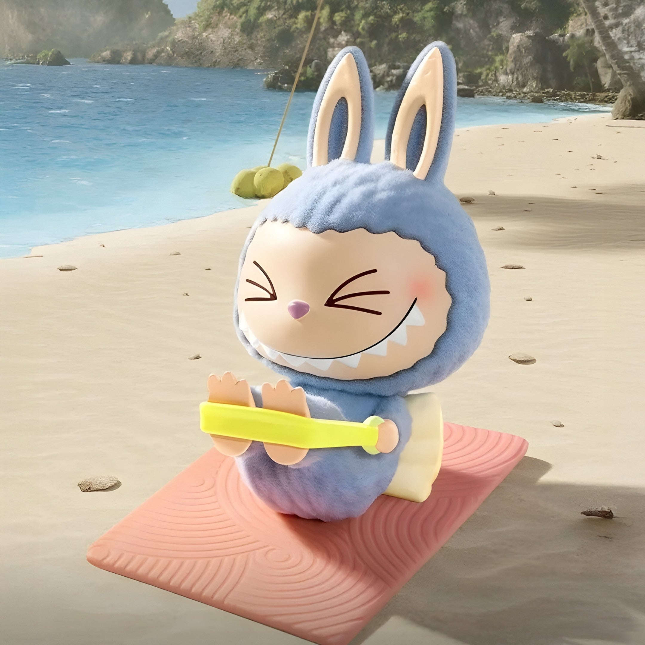 The Lazy Yoga Stretch Out Labubu Sculpture by Giant Sculptures shows Labubu in a blue bunny costume, smiling and seated in a yoga pose on a beach mat with palm trees, sand, and ocean waves behind. Size: 160cm.