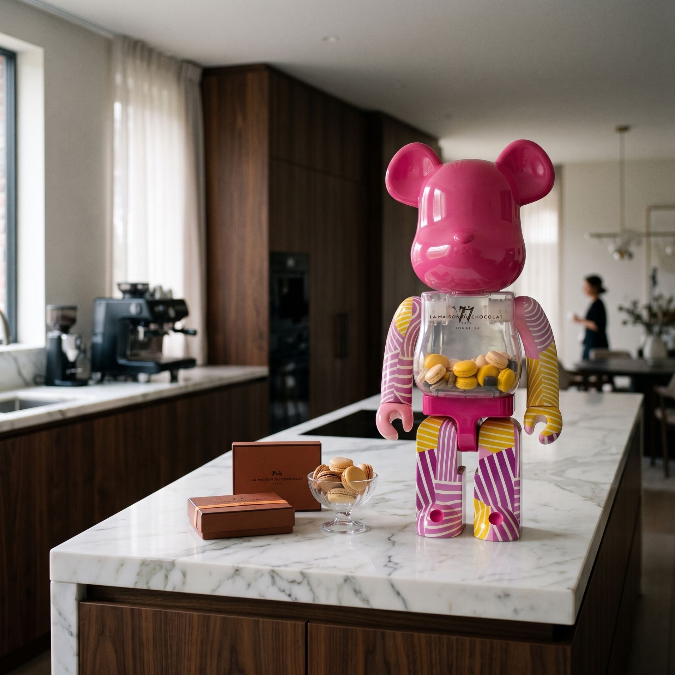 Striped Carnival Bear Sculpture - 70cm in pink resin with yellow and white striping, transparent chest filled with macarons, displayed on a marble kitchen island.