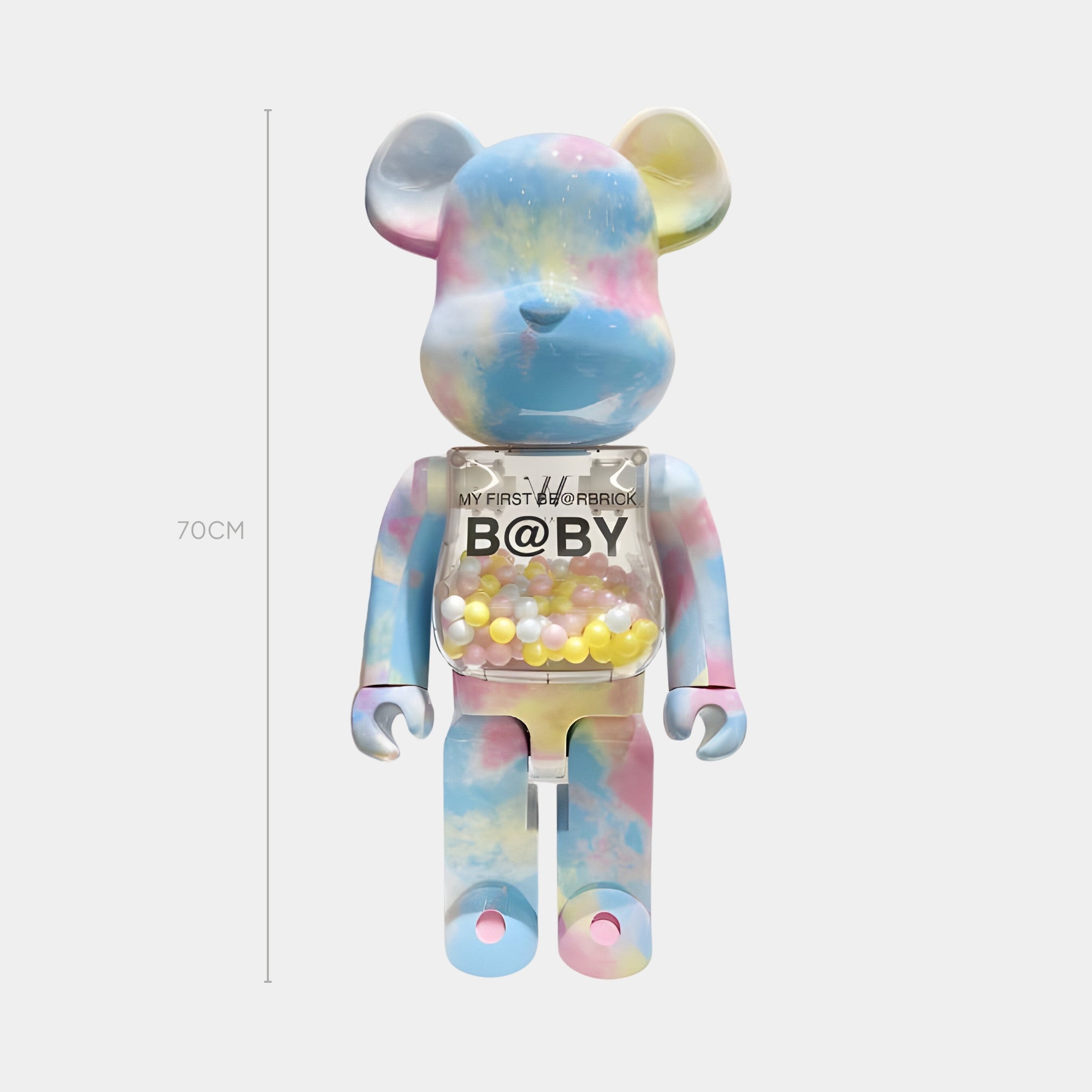 The Sunrise Sky Beads Bear Sculpture by Giant Sculptures stands 70cm tall, features Dawn Pastels, a clear bead-filled chest, and MY FIRST BE@RBRICK B@BY label on the torso.