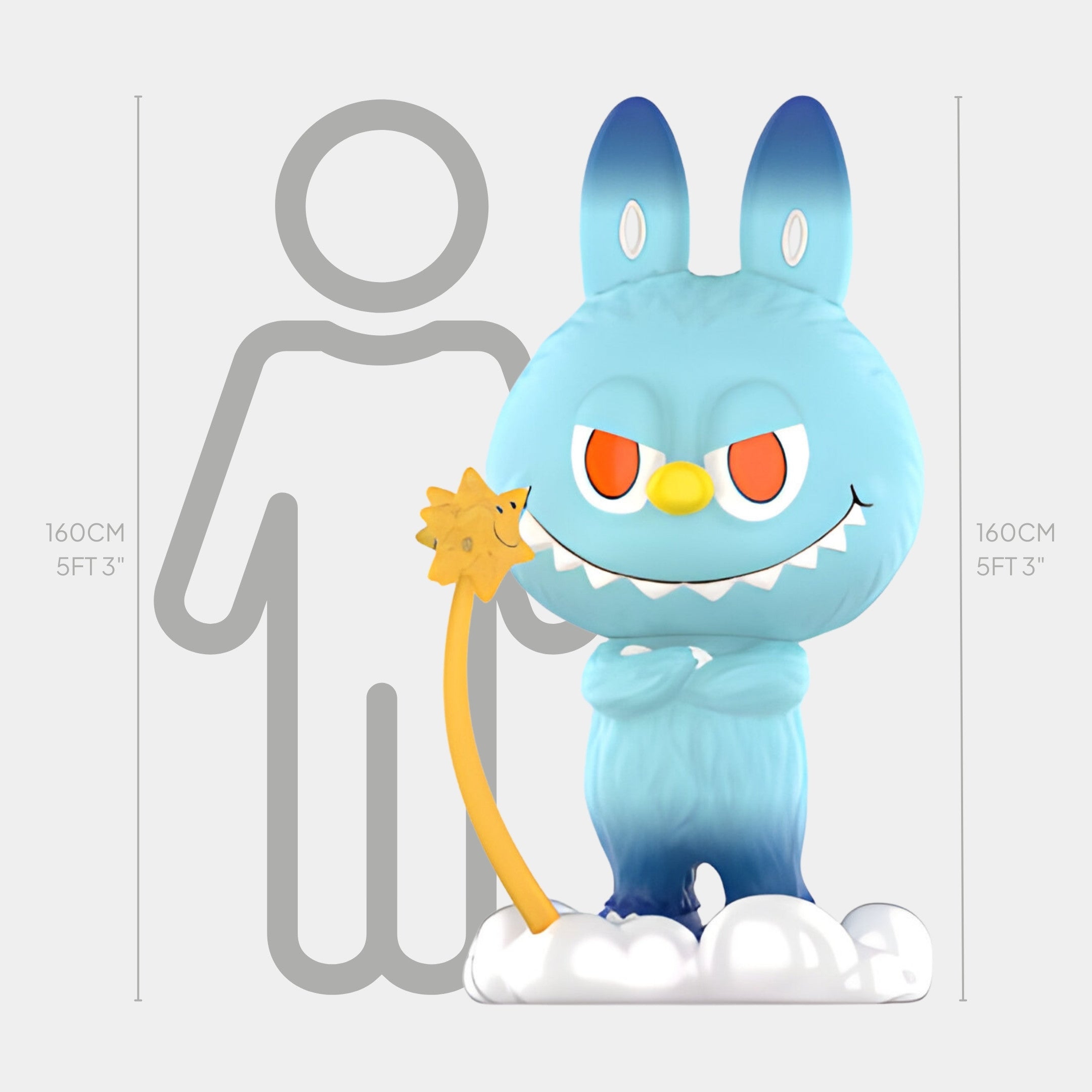 A large blue cartoon rabbit with angry eyes and a mischievous grin stands before a height chart, wielding a star-tipped wand. The Supernova Cowawa Labubu Sculpture by Giant Sculptures is a 160cm cosmic fibreglass piece matching the human silhouette.