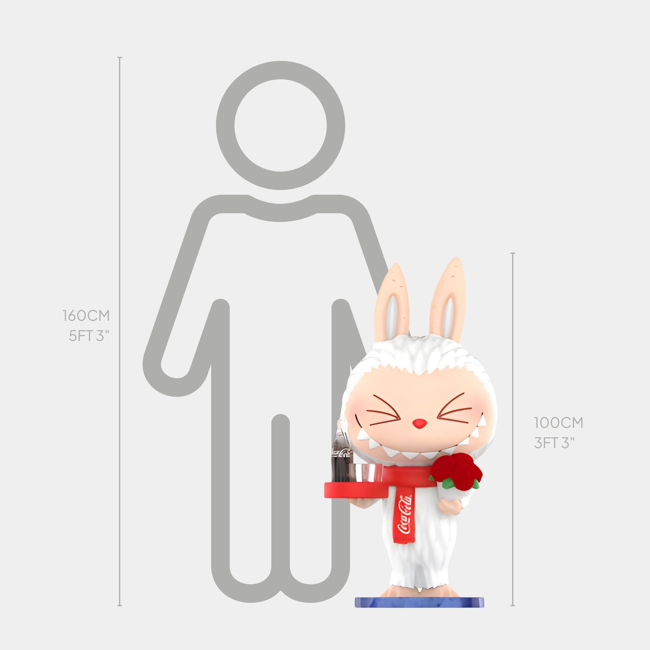 The Super Surprise Coca-Cola Labubu Sculpture by Giant Sculptures is a 100cm fibreglass figure of a cartoon bunny in a white outfit, holding a Coca-Cola bottle and red apple, displayed next to a 160cm human height chart.