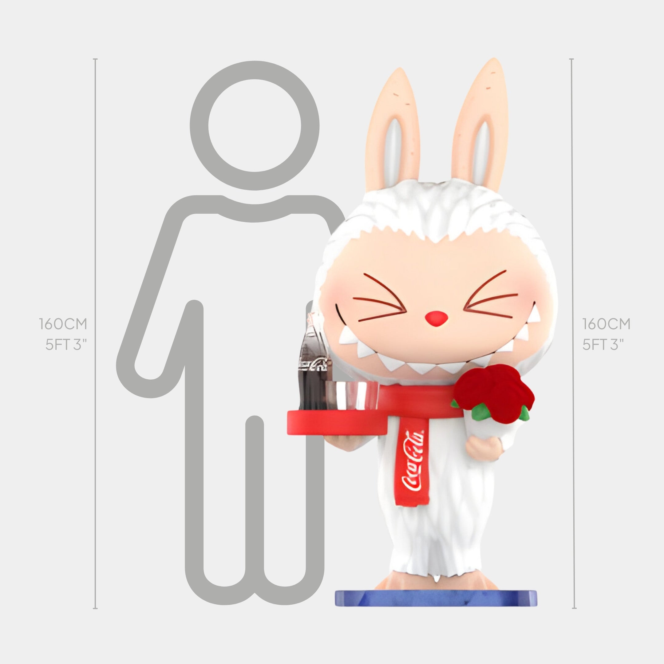 The Super Surprise Coca-Cola Labubu Sculpture - 160cm by Giant Sculptures features Labubu in a white furry costume, holding a tray with a Coke bottle and red apple—an adorable life-size indoor display full of brand personality.