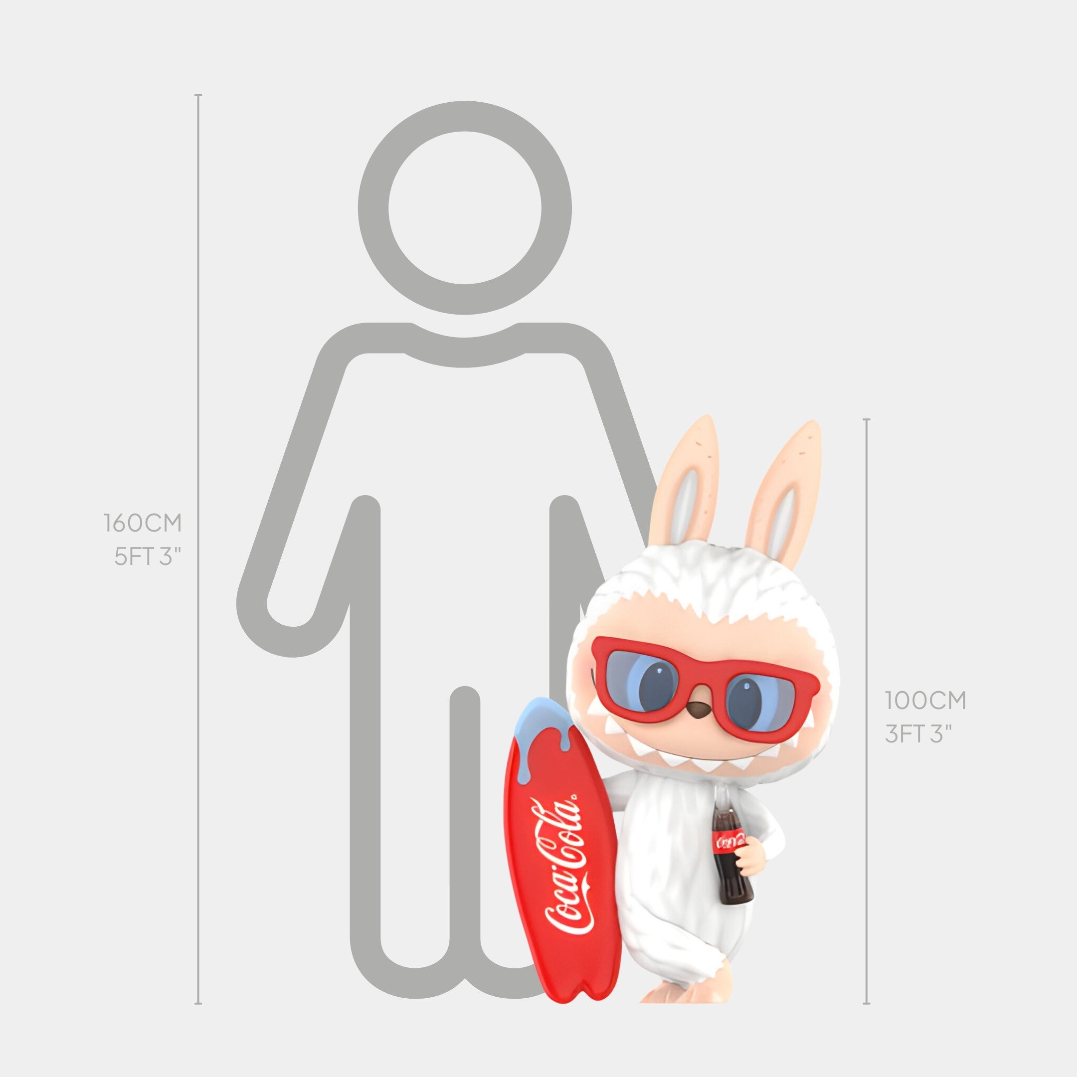 A cartoon bunny in a white suit, red sunglasses, and bunny ears holds a Coca-Cola surfboard beside a height chart at 100cm (3ft 3in), next to a 160cm human silhouette—this is the Surfer Coca-Cola Labubu Sculpture by Giant Sculptures.