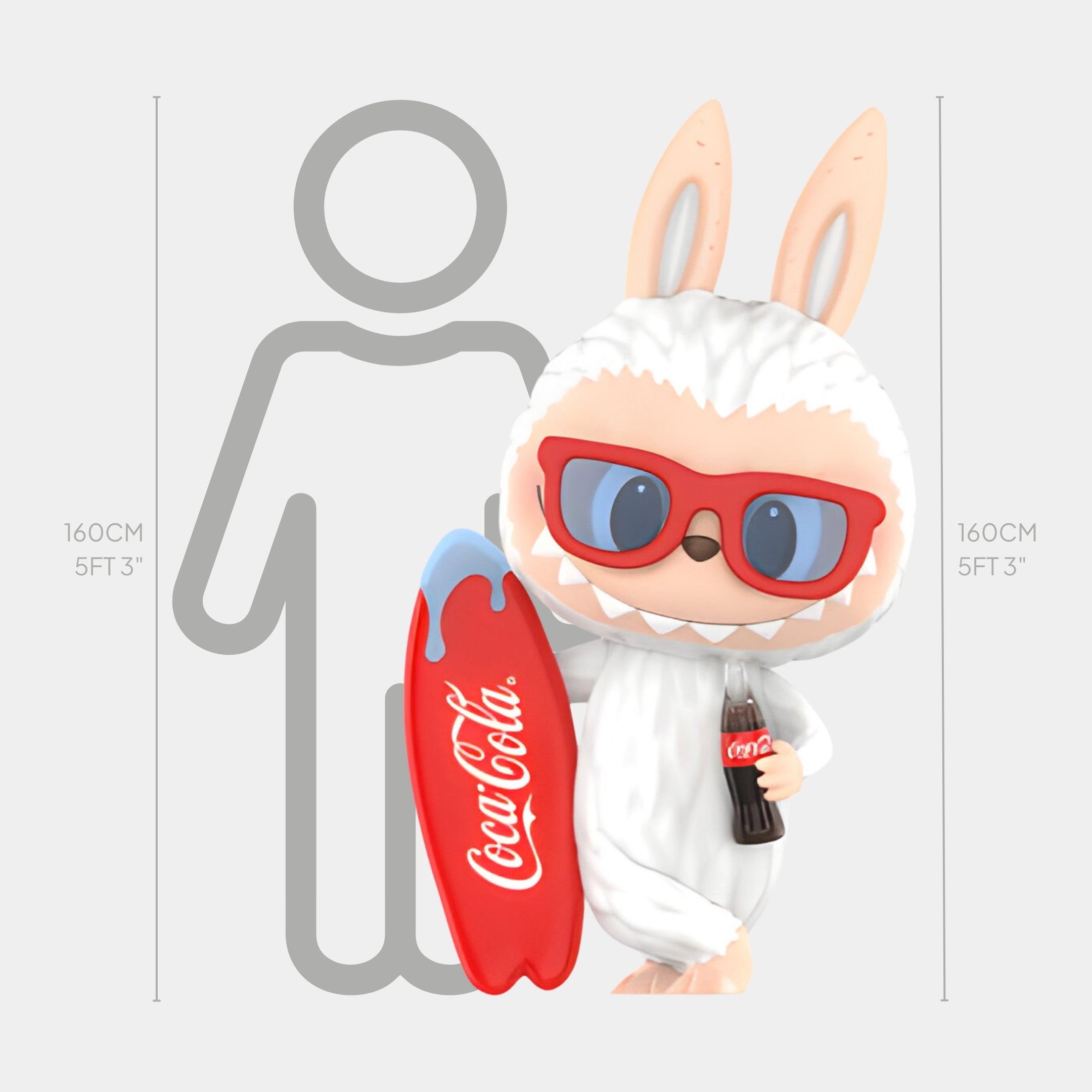 The Surfer Coca-Cola Labubu Sculpture by Giant Sculptures is a 160cm figure featuring a cute character in a white bunny suit and red sunglasses, holding a Coke bottle and surfboard—perfect for summer decor, shown beside a height chart and human silhouette.
