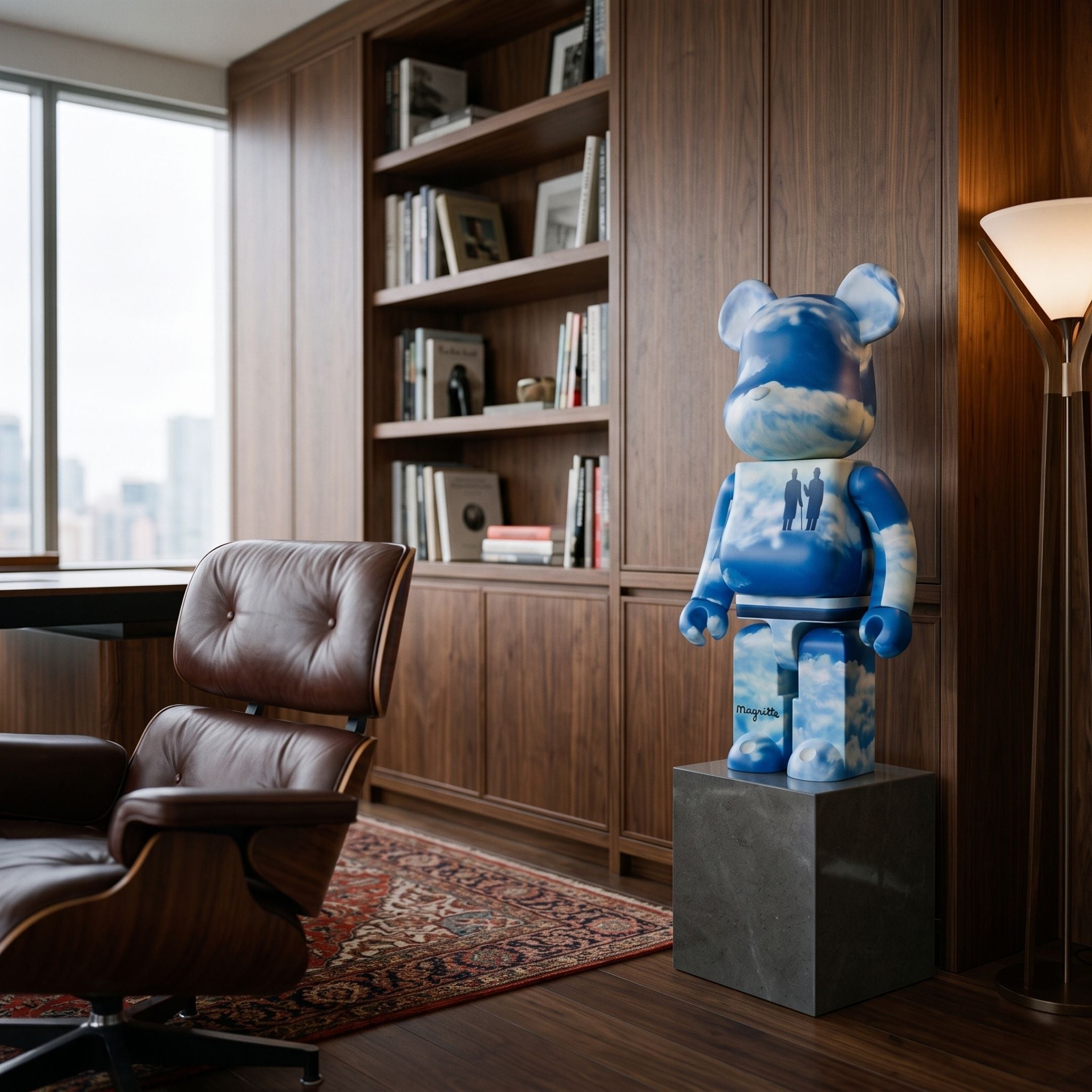 Surreal Cloud Bear Sculpture - 70cm by Giant Sculptures, blue-and-white cloud-motif bear on a grey pedestal beside a leather chair and wood-paneled bookshelf.