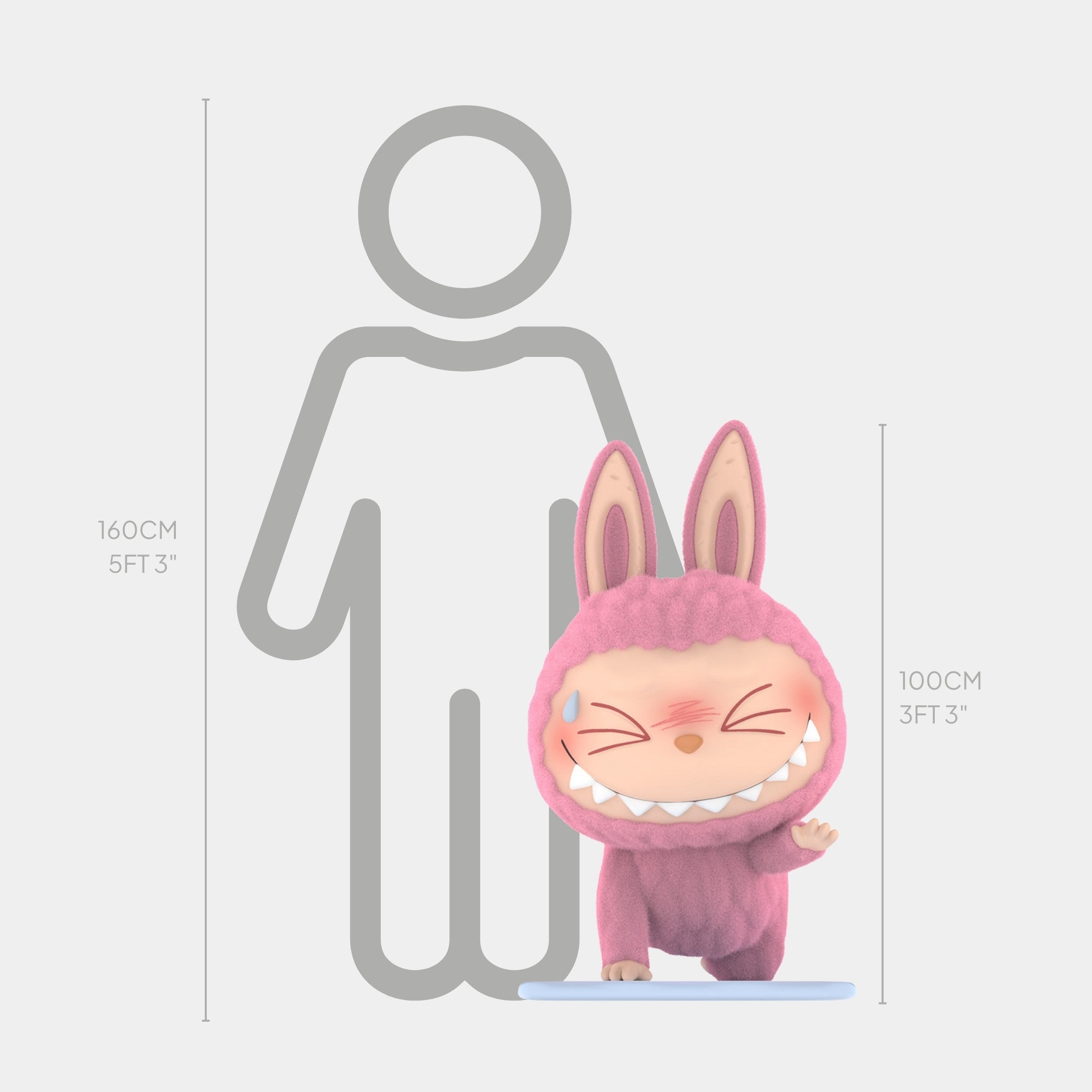 The Lazy Yoga Sweating Labubu Sculpture by Giant Sculptures, standing 100cm tall, is shown beside a 160cm grey human outline and height chart for scale; the design is inspired by Pop Mart licensing.