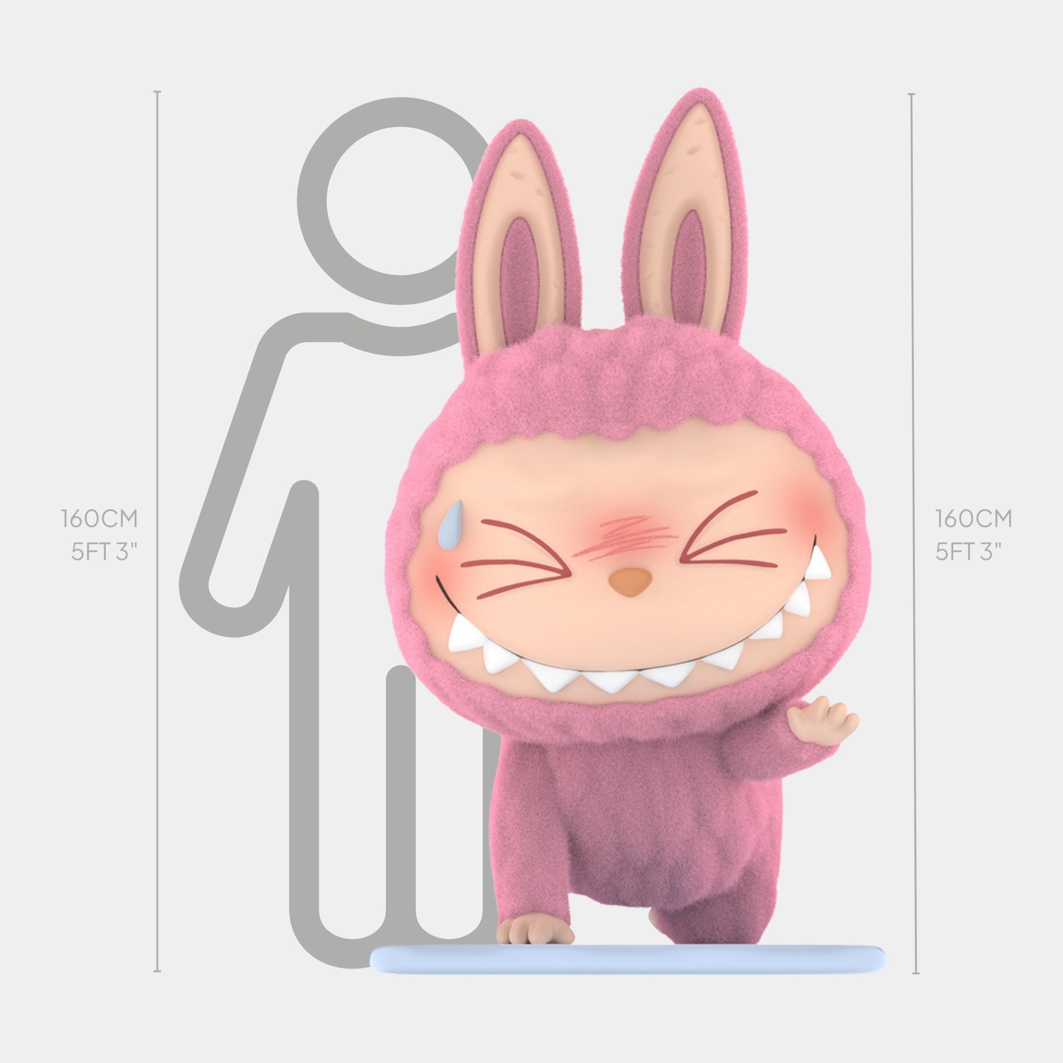 The Lazy Yoga Sweating Labubu Sculpture - 160cm by Giant Sculptures features a 3D cartoon character in a pink bunny suit, sharp grin, and sweat drop. Made from museum-grade fibreglass, its perfect for indoor display.