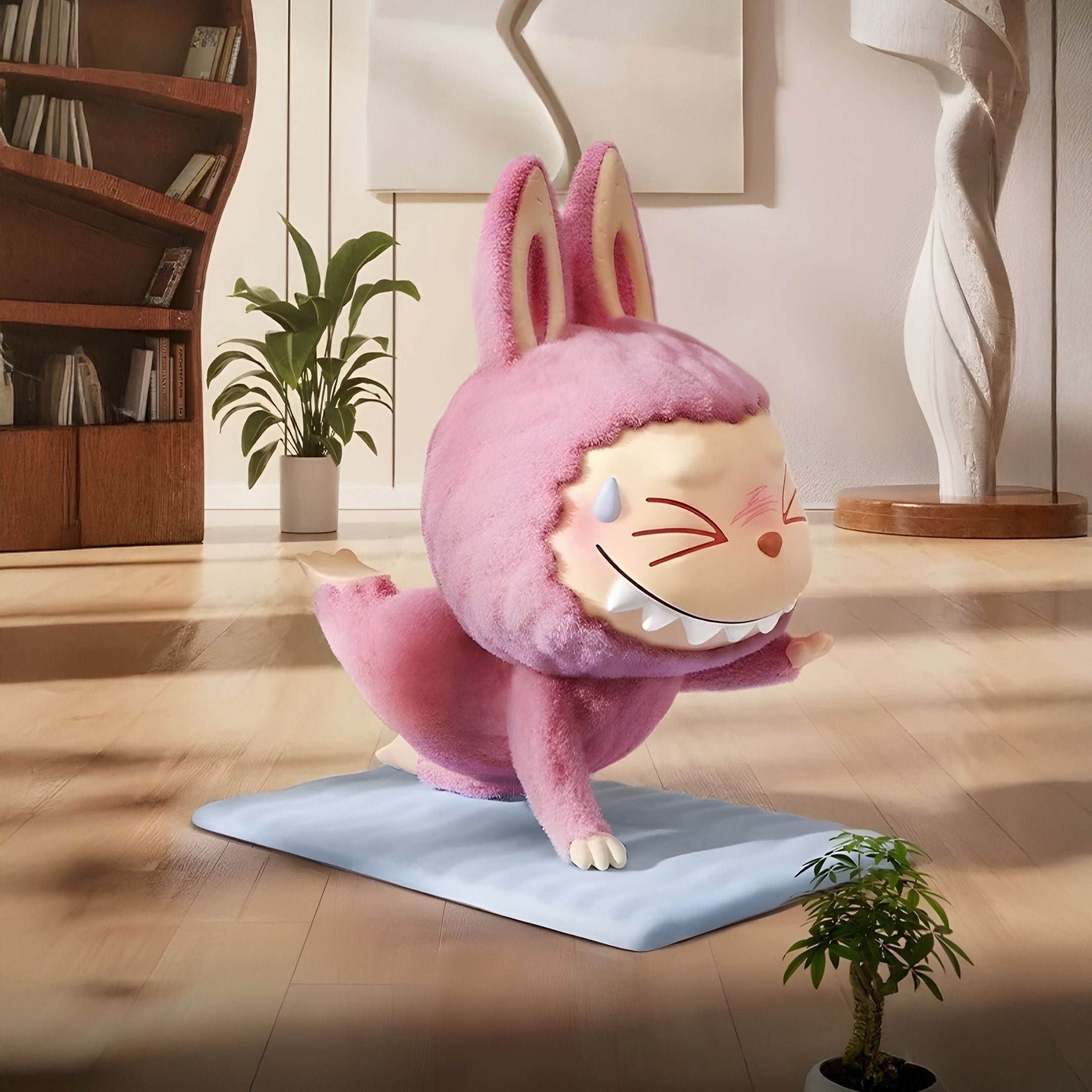 The Giant Sculptures Lazy Yoga Sweating Labubu Sculpture - 100cm features Labubu in a pink bunny costume doing yoga on a blue mat, grinning with a cute sweat drop, in a bright room with plants and wooden floors.