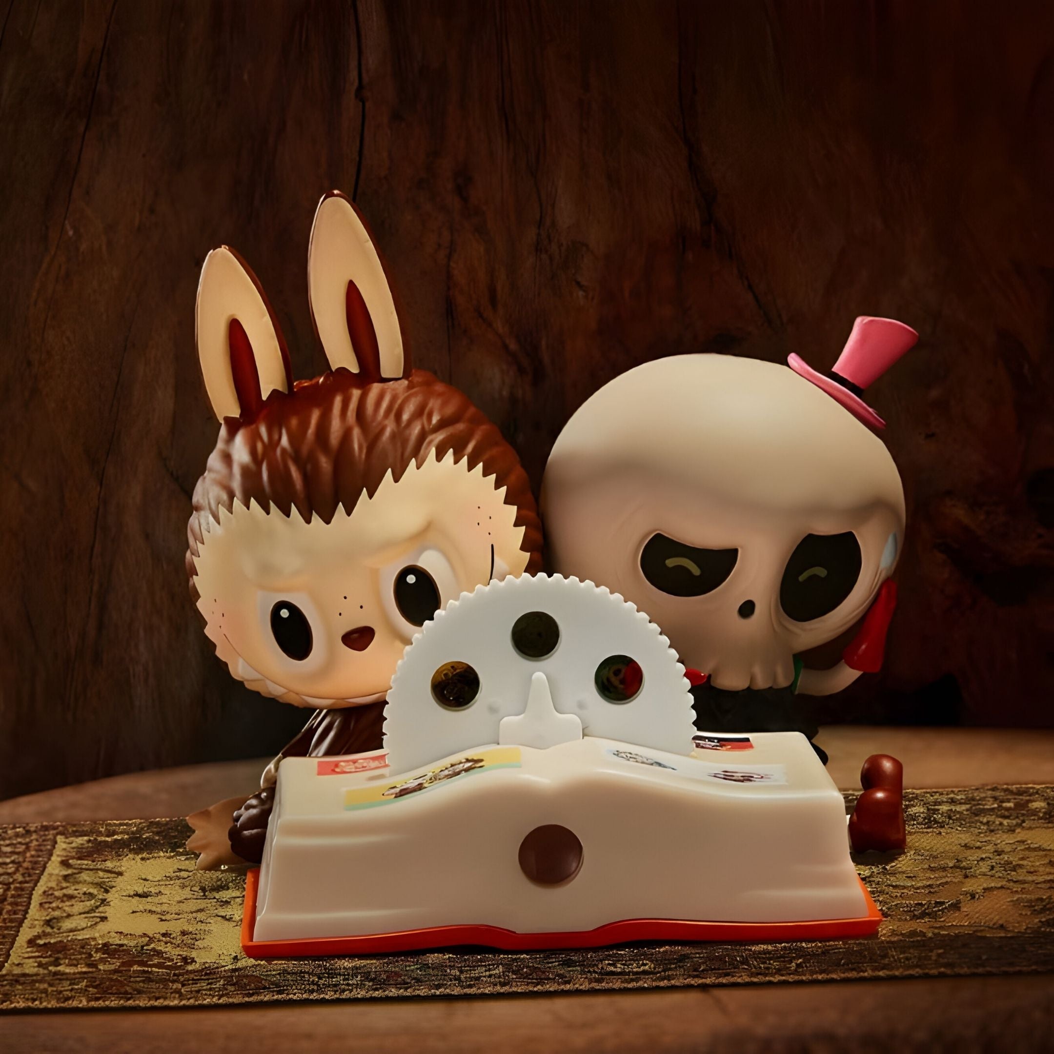 The Spooky Buddies Blade Trick Labubu Sculpture (100cm) by Giant Sculptures features a bunny and a skull with a pink hat behind an open toy book, ideal for unique indoor character displays on wood backgrounds.