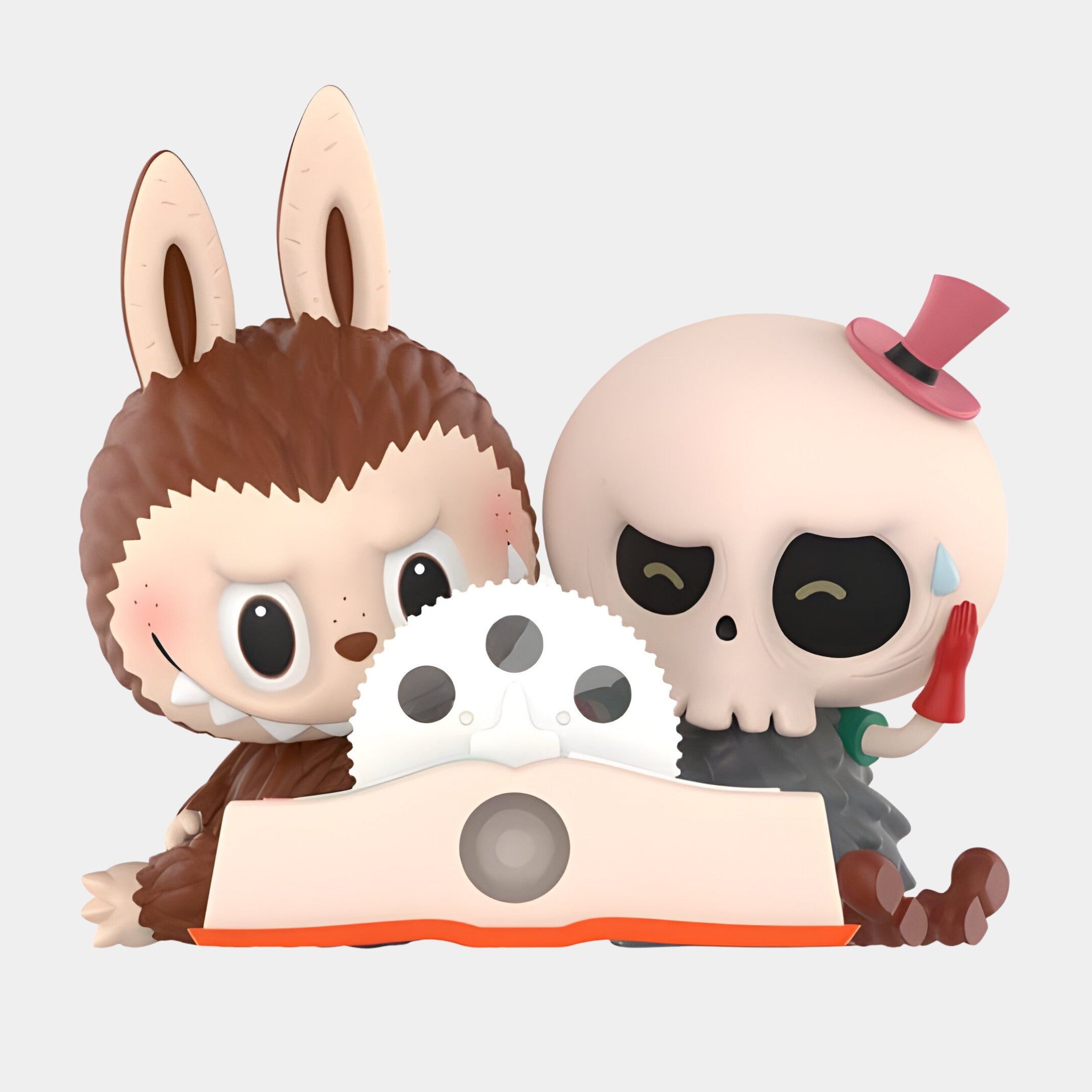 The Giant Sculptures Spooky Buddies Blade Trick Labubu Sculpture (160cm) features a brown bunny and a skeleton in a pink hat reading together. The skeleton holds a red pen and has a blue teardrop, evoking dark comedy display vibes.
