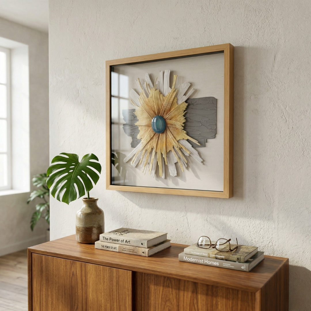 Asterfold II White & Yellow Sunburst 3D Wall Art by Giant Sculptures mounted on a textured cream wall above a walnut sideboard, showing radiating white and yellow rays around a blue marbled center with charcoal backdrop in a warm wood frame.