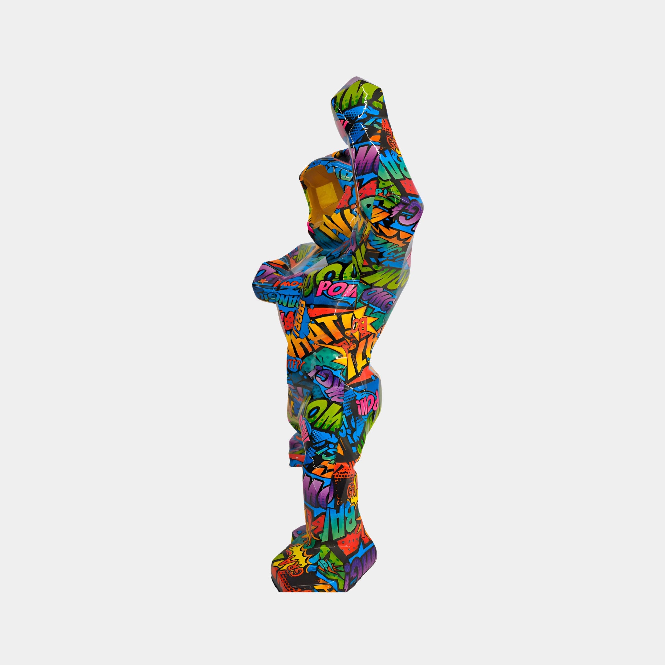 Side view of Pop Art Gorilla sculpture in a dynamic pose with vivid pop art patterns, ideal for eclectic and contemporary interiors.