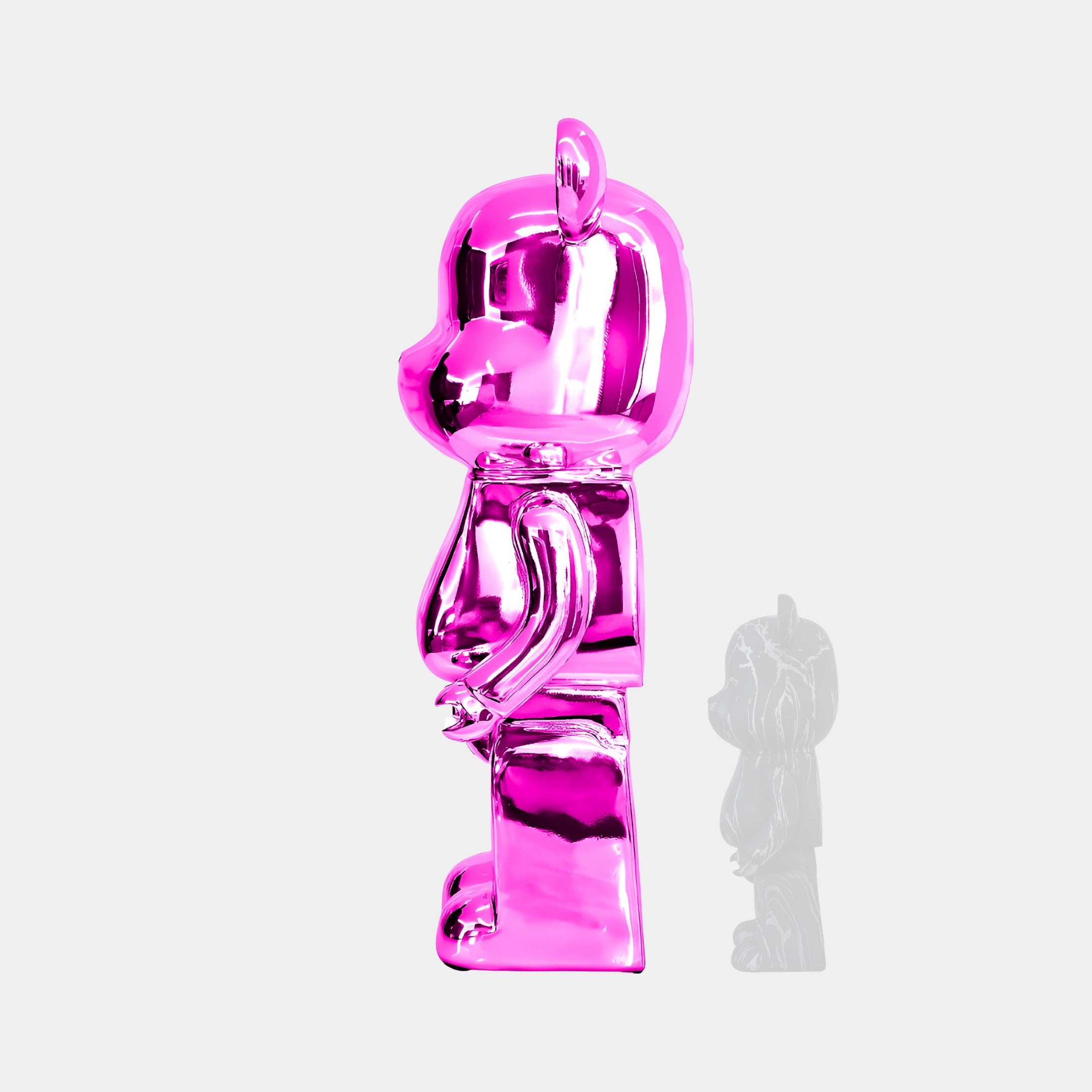 Flamingo Pink Bear Sculpture 135cm - Angled View, highlighting the electroplated pink mirror finish.