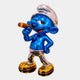 The Smurf Cigar Swagger Sculpture - 70cm by Giant Sculptures is a glossy, metallic blue statue with gold shoes and a silver hat, confidently holding a lit cigar. This luxury chrome art piece features a shiny, reflective finish.