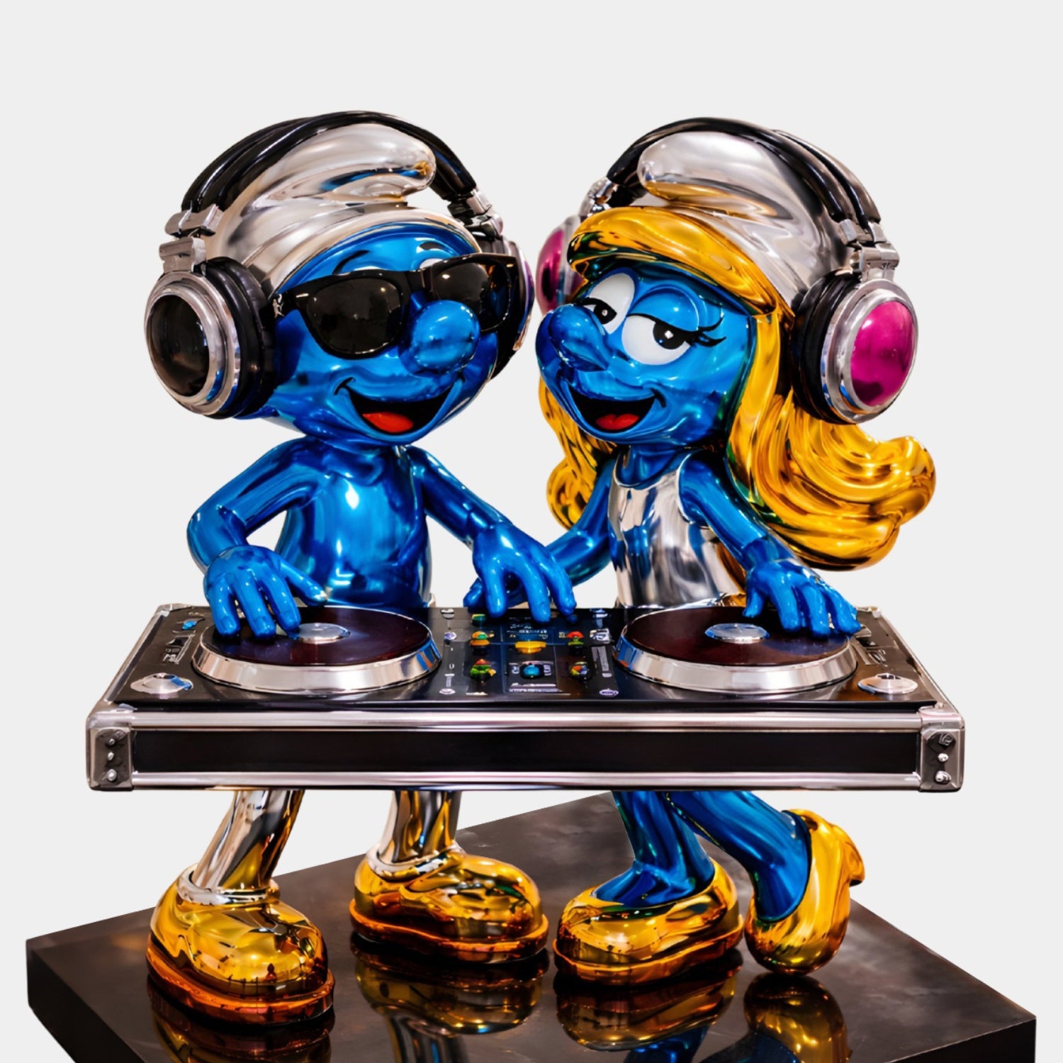 Two DJ Smurf characters from Giant Sculptures stand side by side at a turntable in this 50cm collectible statue. One wears sunglasses; the other has long blonde hair, pink headphones, and both are finished with a hand-painted shine.