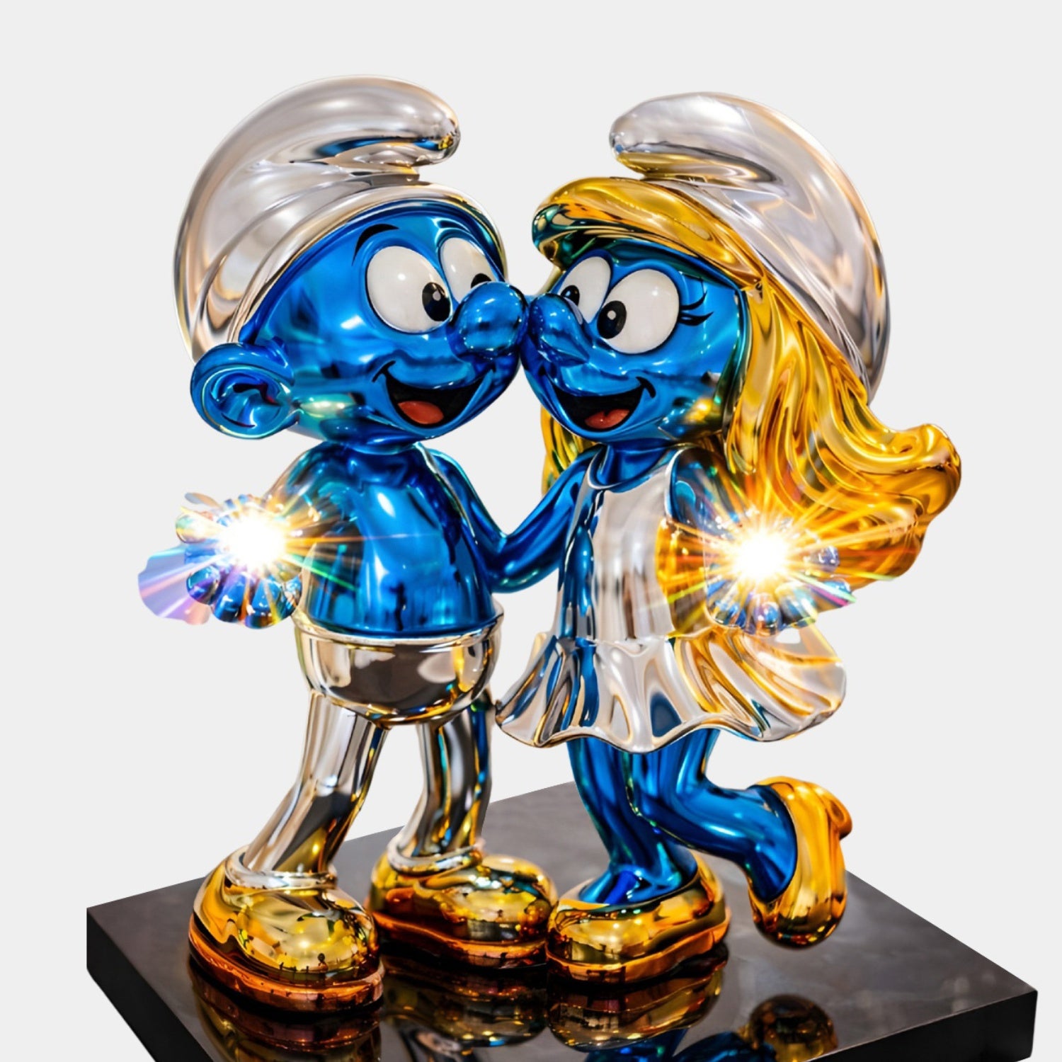 The Smurf Couple Holding Hands Spark Statue - 70cm by Giant Sculptures features two smiling Smurfs in white outfits, crafted from metallic blue, silver, and gold fiberglass on a black base—a charming collectible piece.