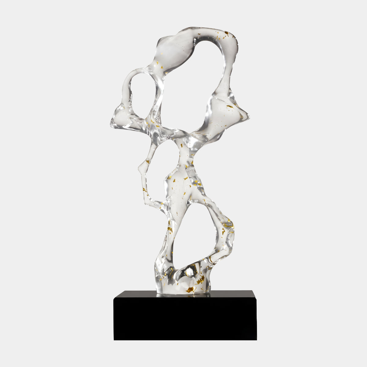 Clear Gold Fleck Pierced Scholar's Rock Resin Sculpture, 47cm, Taihu-style form with gold leaf flecks on a black marble base, plain white background.