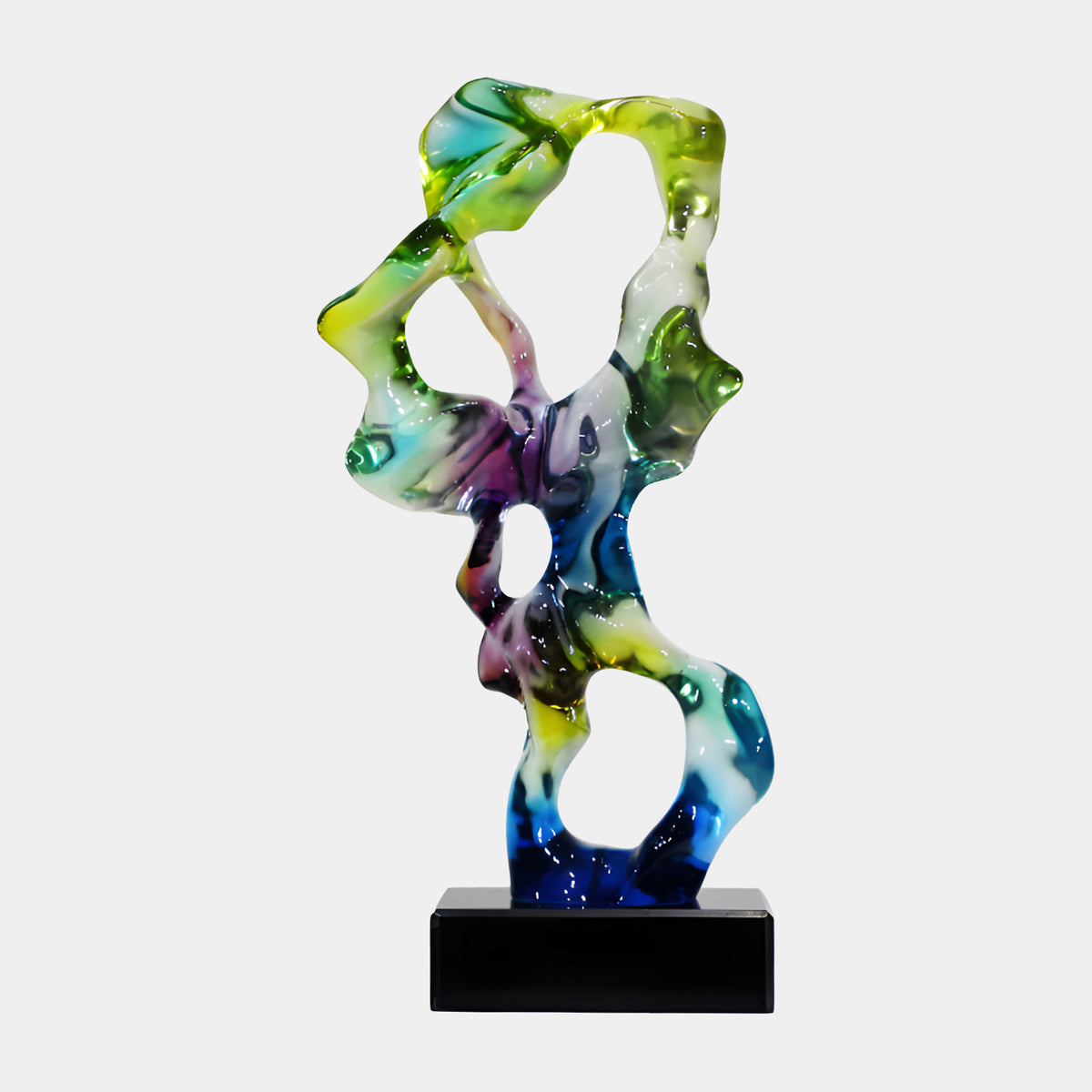 Multicoloured Swirled Scholar's Rock Resin Sculpture (57cm) by Giant Sculptures, a looping pierced form shifting from yellow-green and teal to magenta and deep blue, on a black marble base against a plain grey background.