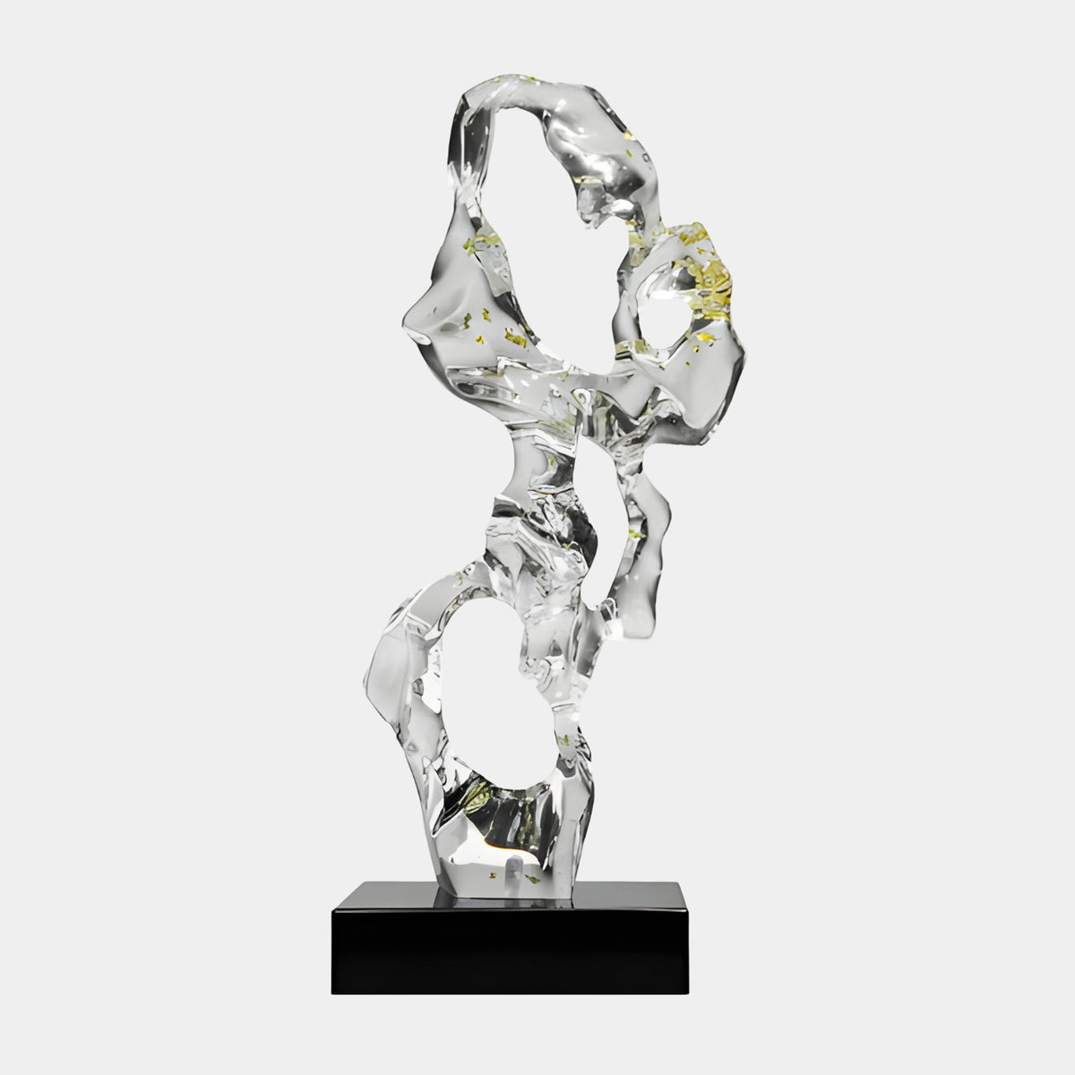 Clear Gold Fleck Knotted Loop Resin Sculpture, 66cm, glossy looped ribbon form with gold flecks on a black marble base, plain grey background.