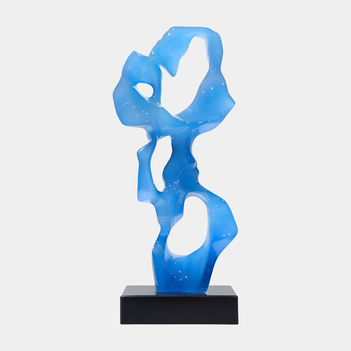 Blue Frosted Knotted Loop Resin Sculpture, 66cm, an abstract twisting form with open loops on a black marble base, shown against a plain light grey background.
