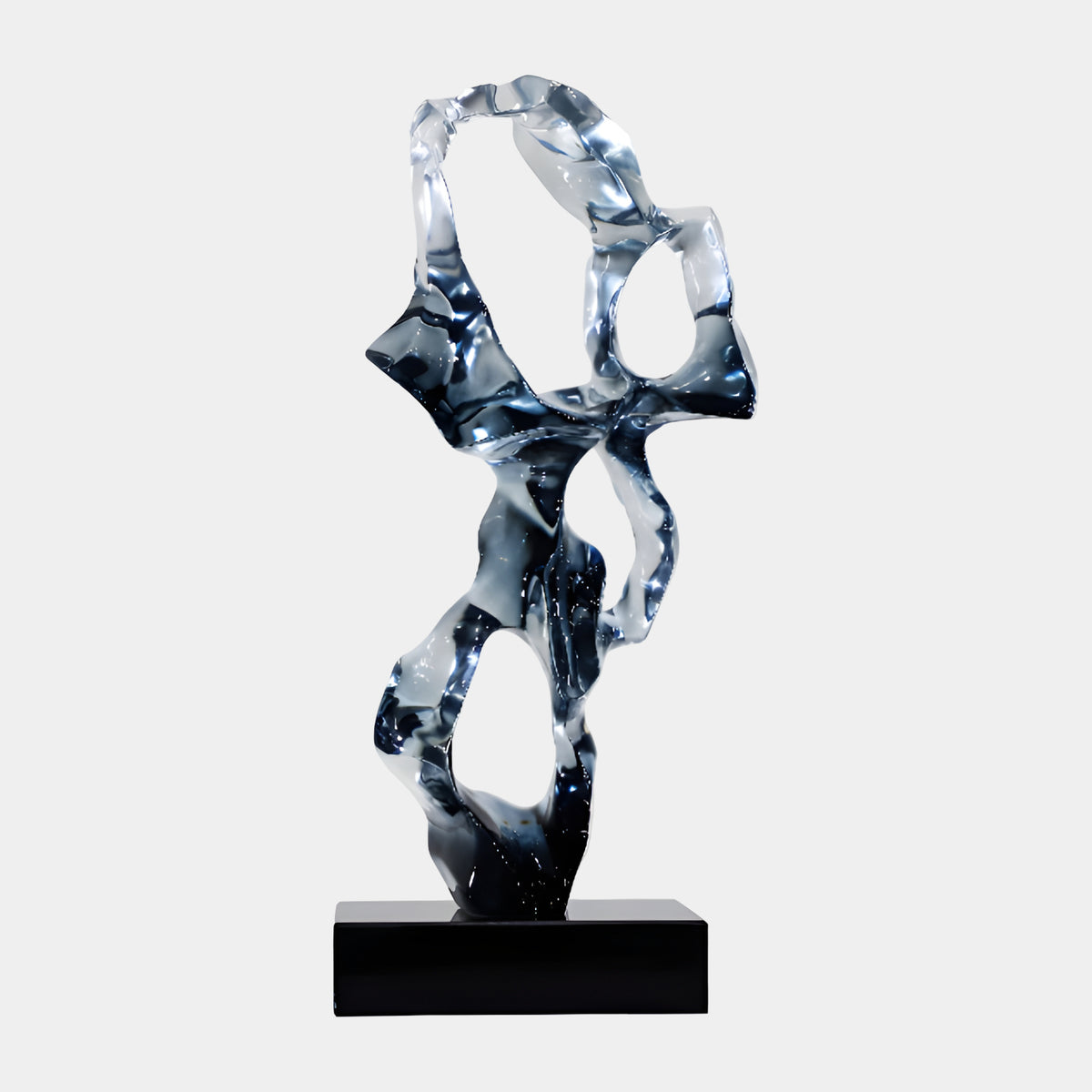 Clear Smoke Ink Knotted Loop Resin Sculpture - 66cm, a twisting looped form with dark ink-like edges on a black marble base, set against a plain light grey background.