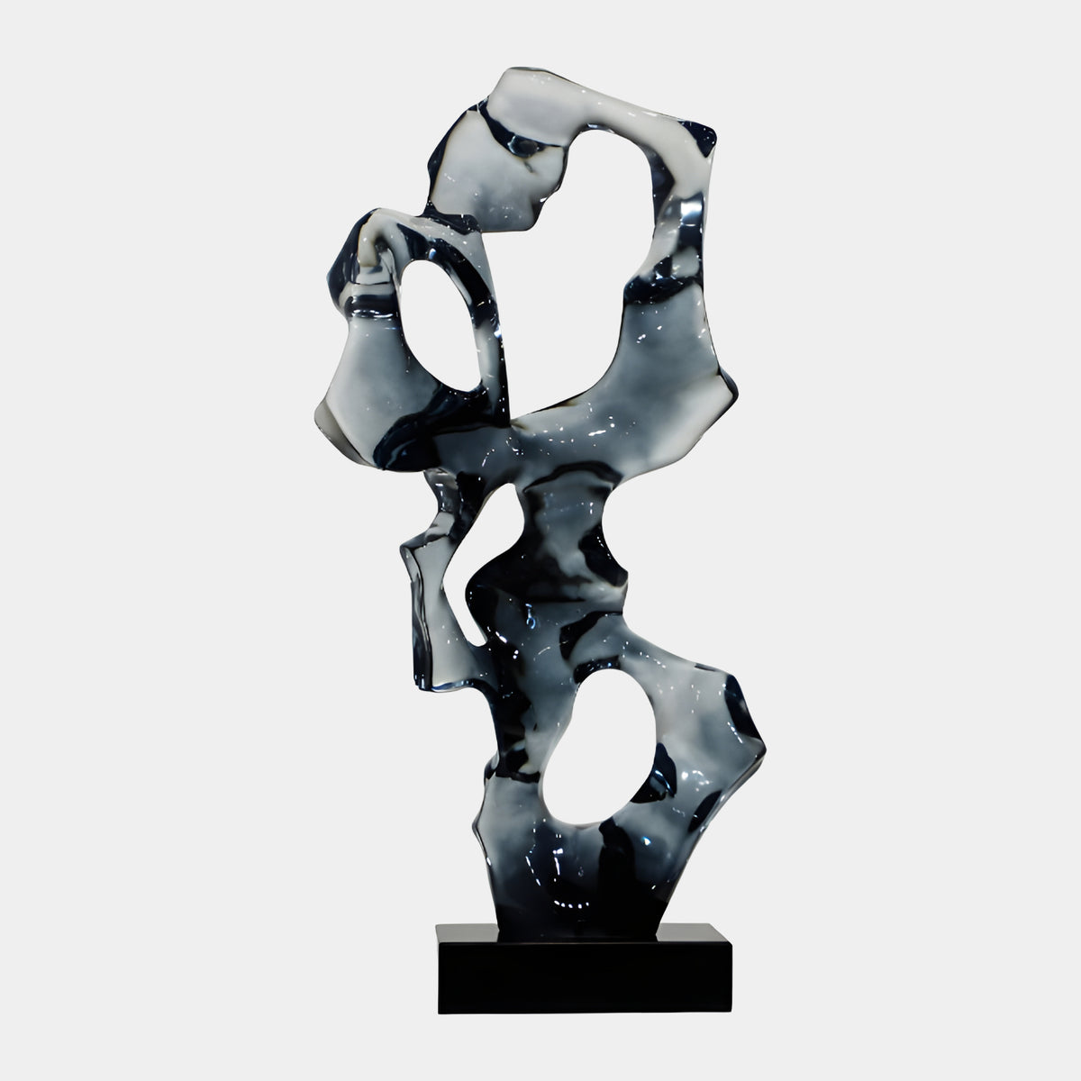 Clear Ink-Swirled Ribbon Resin Sculpture, 83cm, a flat ribbon form with four cut openings in black-and-white swirled resin on a black marble base, shown against a plain white background.