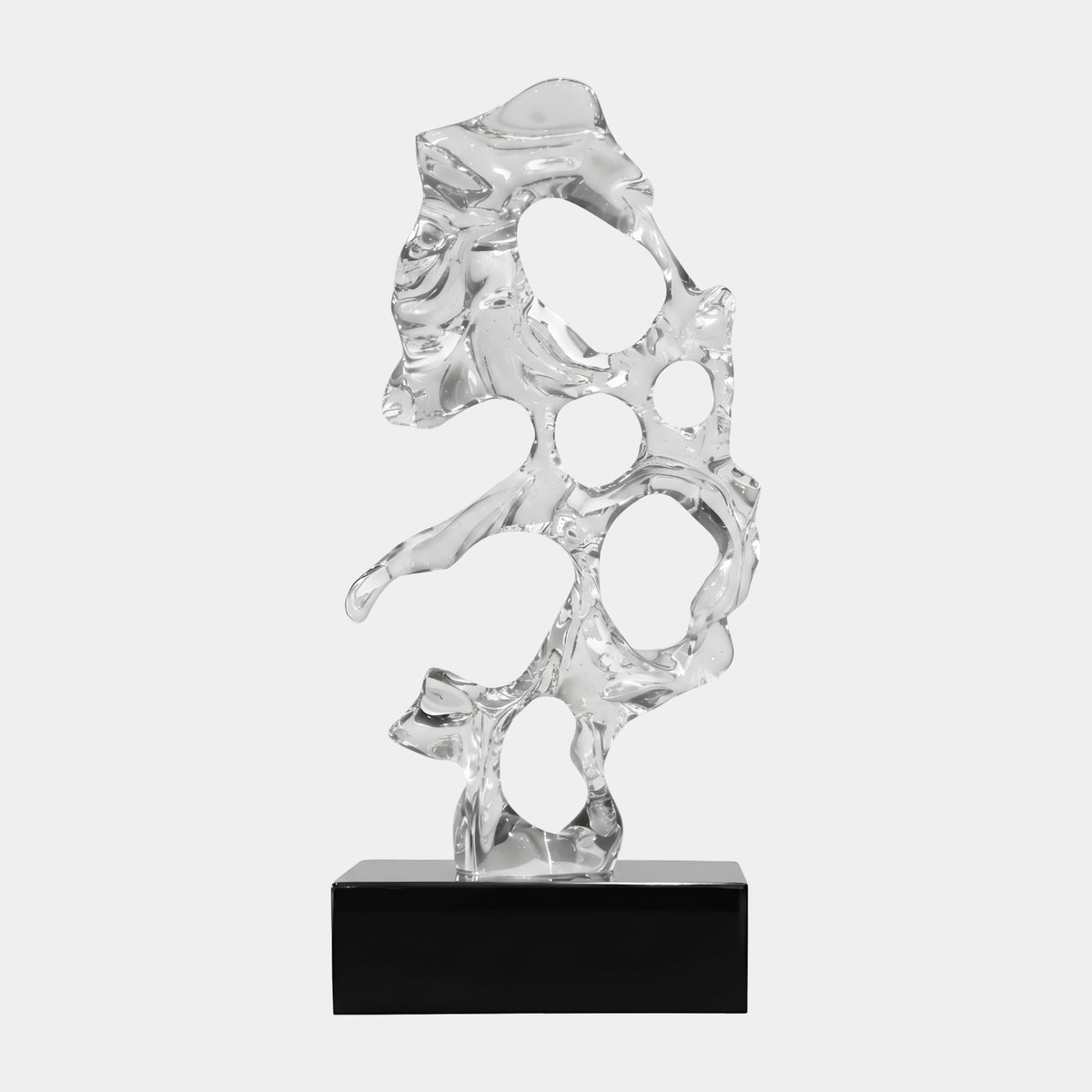 Clear Pierced Lattice Scholar's Rock Resin Sculpture (46cm) by Giant Sculptures, pierced lattice form on a black marble base, shown against a plain light background.