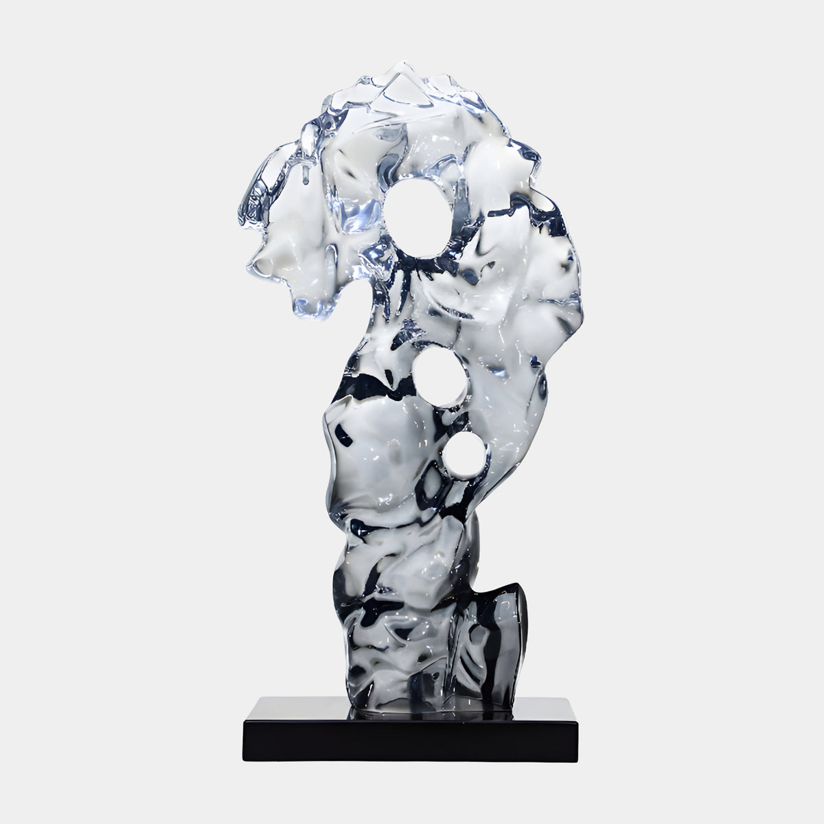 Clear Smoke Triple Opening Curled Rock Resin Sculpture, 57cm, with smoke-dark clouding and three holed openings, on a black marble base, plain white background.