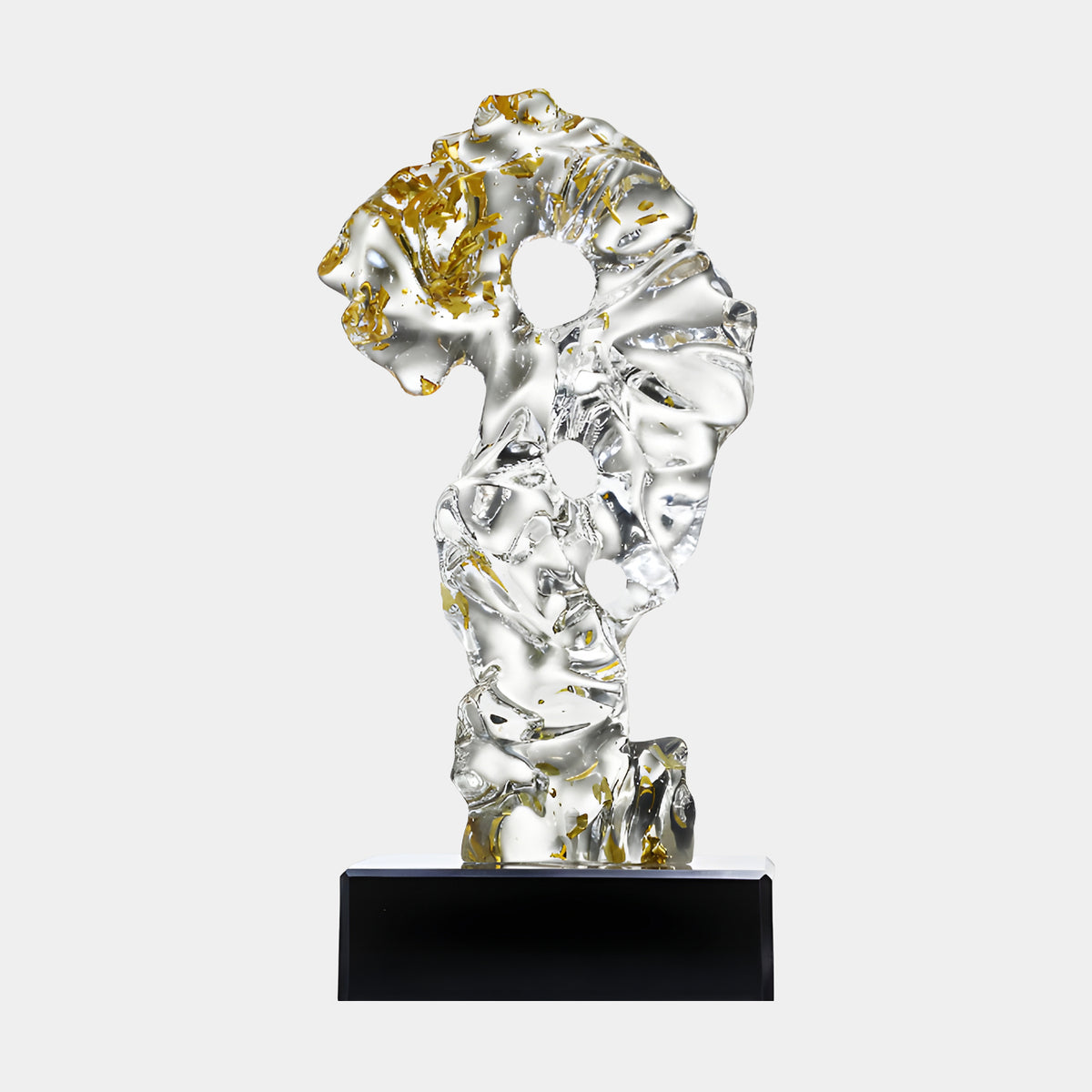 Clear Gold Leaf Triple Opening Rock Resin Sculpture - 57cm, a rippled resin form with gold leaf in its curled head, set on a black marble base against a light background.