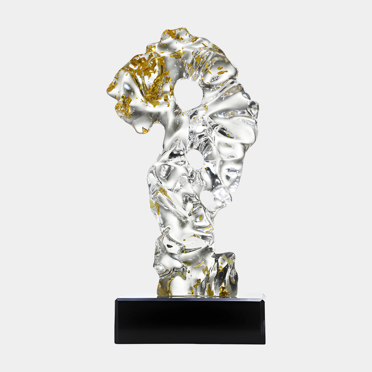 Gold Flecked Scholar's Rock Resin Sculpture, 45cm, clear resin form with gold-toned flakes and cut openings, on a black marble base, plain white background.