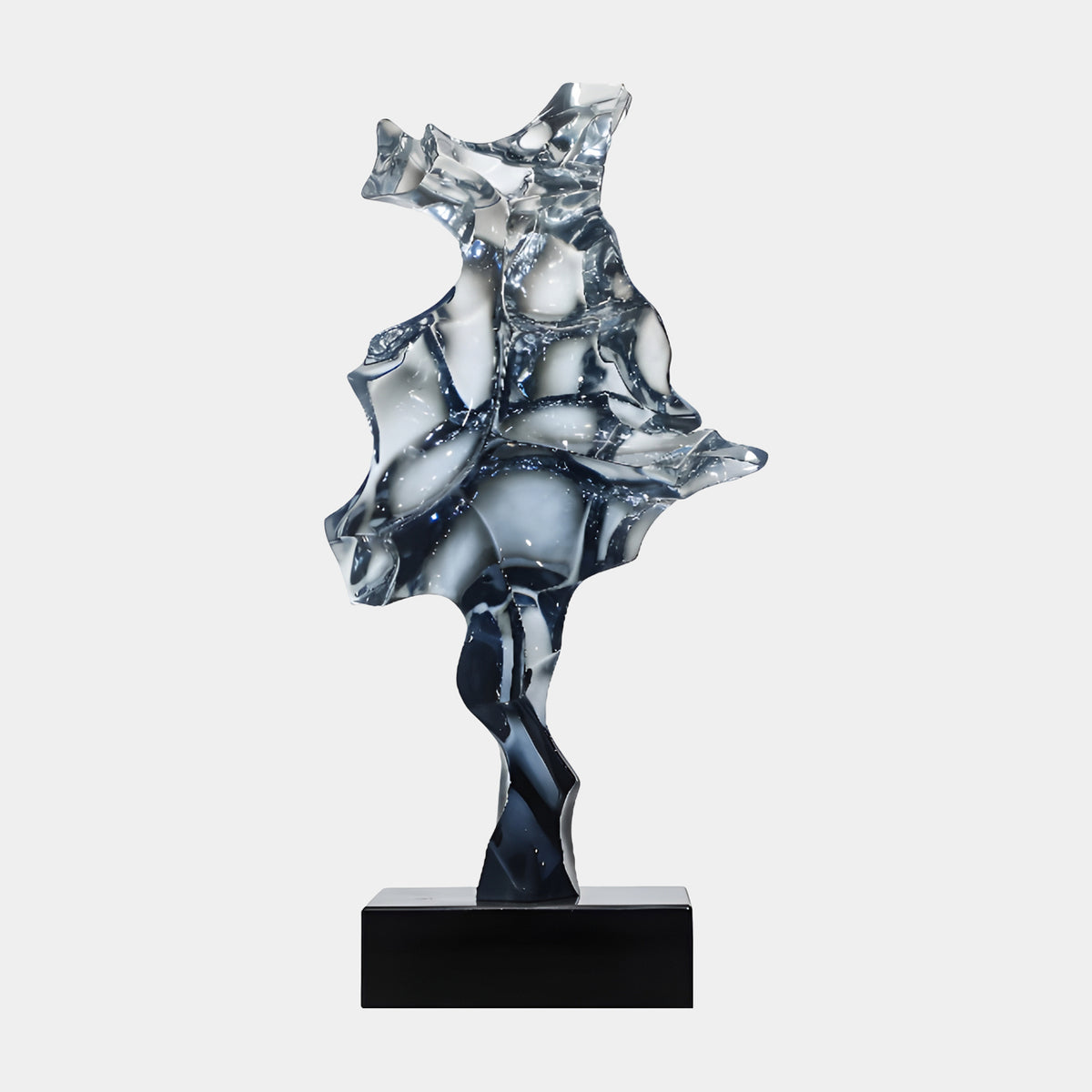 Grey Draped Twist Resin Sculpture - 58cm by Giant Sculptures, flaring skirt-like folds twisting into a dark stem on a black marble base, set against a plain light background.