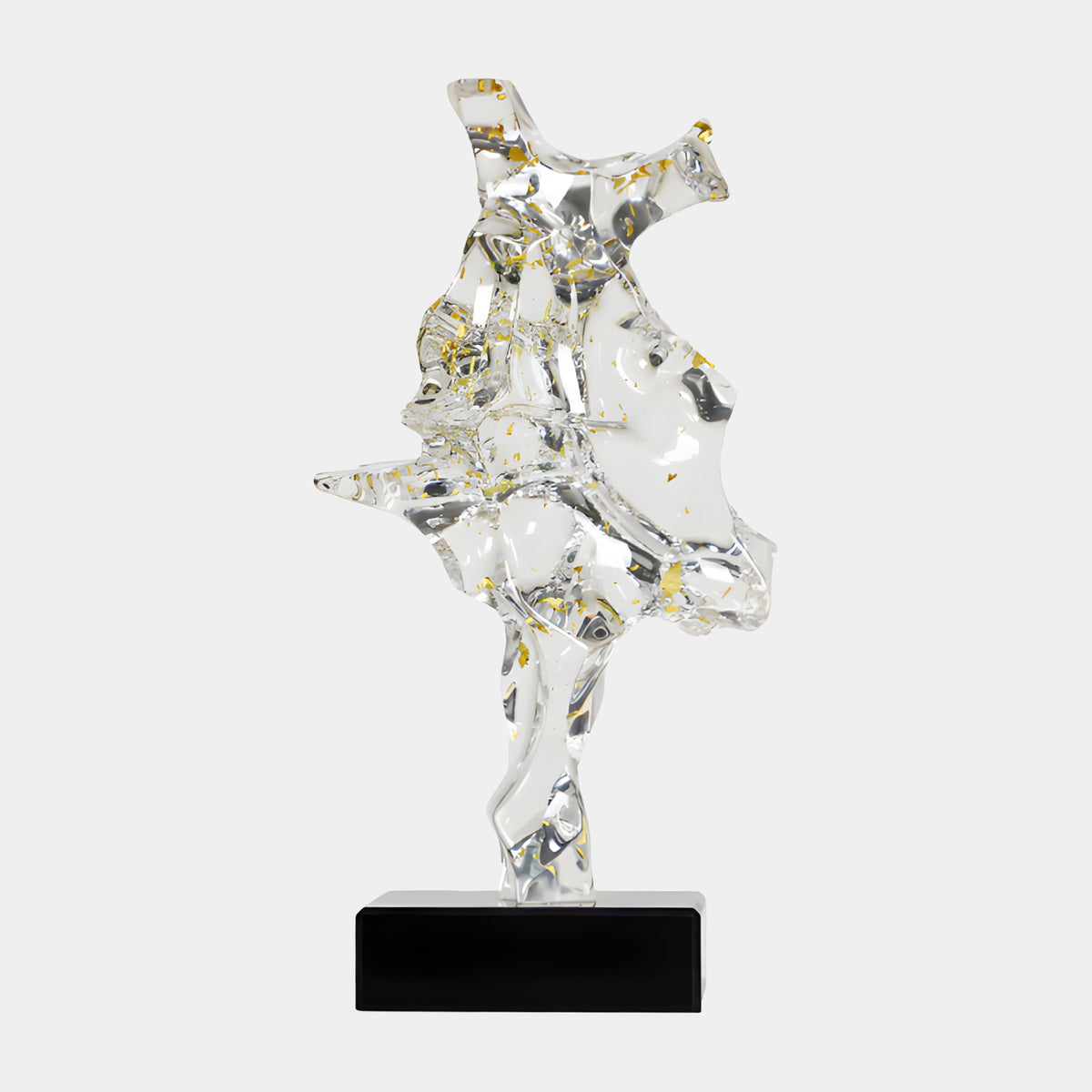 Clear Gold Fleck Draped Twist Resin Sculpture, 58cm, with a twisted stem and flared draped form flecked with gold leaf, on a black marble base against a plain light grey background.