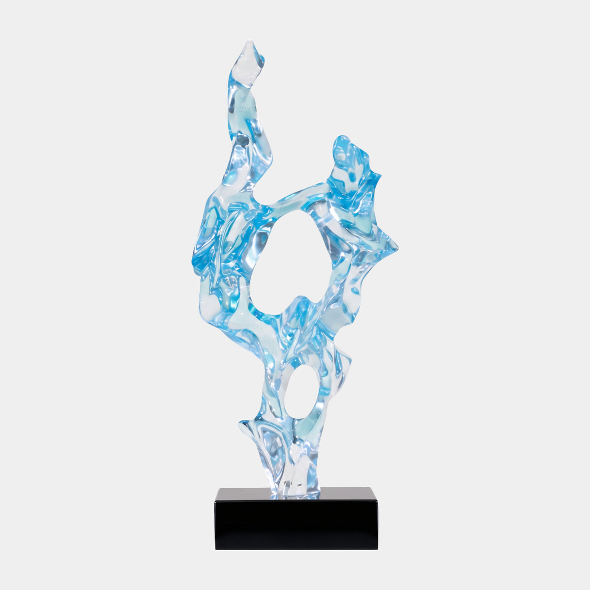 Aqua Branching Scholar's Rock Resin Sculpture, 68cm, light cyan resin with white clouding and two open rings on a black marble base, plain white background.
