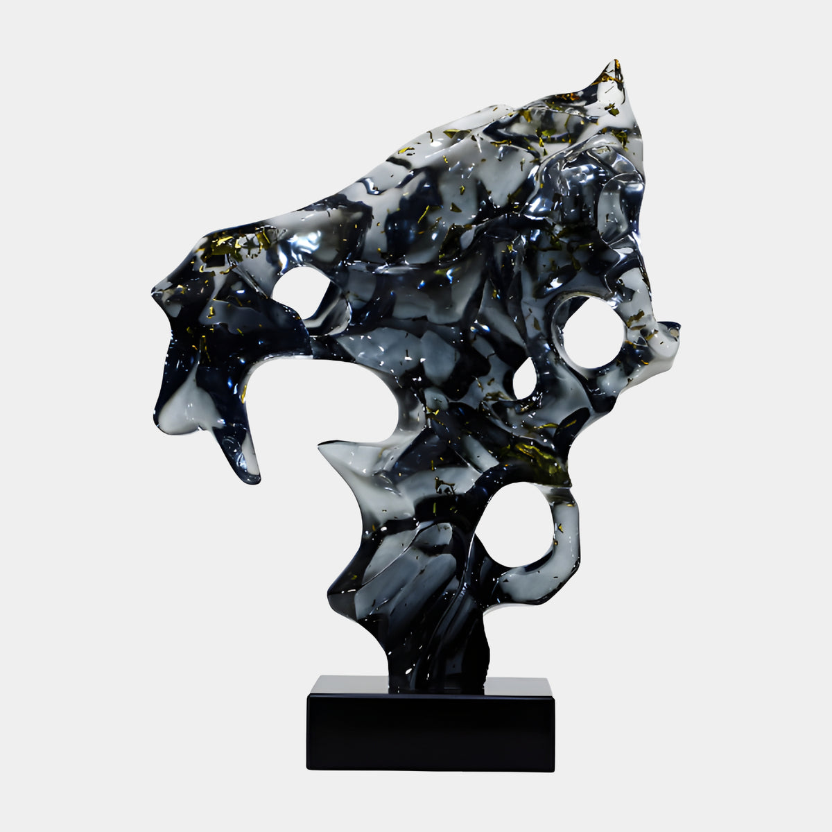 Smoke Black Spiked Fanned Shell Resin Sculpture, 63cm, with gold flecks and four pierced openings on a black marble base, shown against a plain white background.