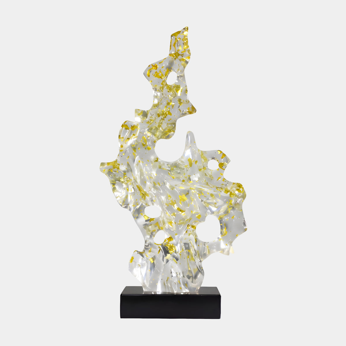 Clear Gold Fleck Flame Form Resin Sculpture, 76cm, with gold flakes rising through cutout openings, set on a black marble base against a white background.