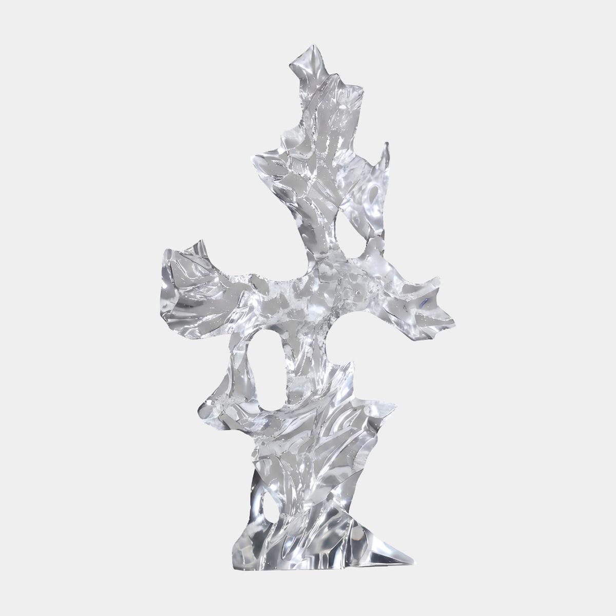 Clear Branching Cross Resin Sculpture, 83cm, with a twisting trunk, branch-like arms, and three open cutouts, shown on a plain white background.