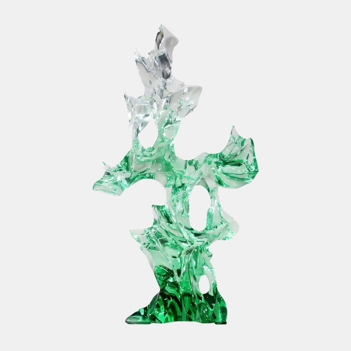 Green Graded Branching Cross Resin Sculpture (83cm) by Giant Sculptures, clear upper limbs shading to green and bottle-green base, cut-through openings, on a plain white background.