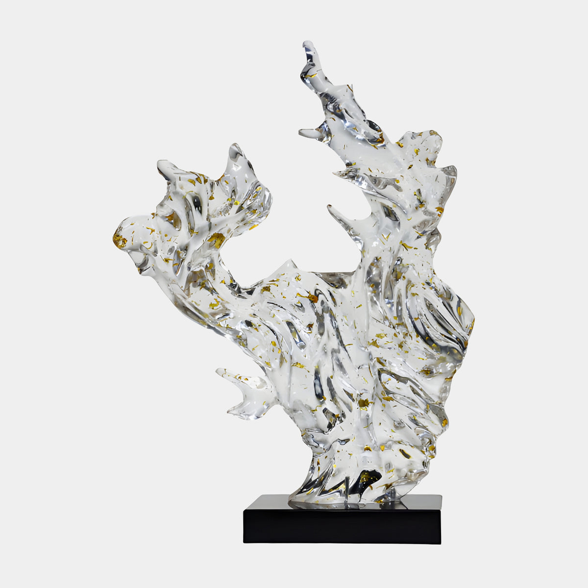 Gold Flecked Fanned Scholar's Rock Resin Sculpture, 82cm, clear branching form with gold flecks on a black marble base, plain white background.