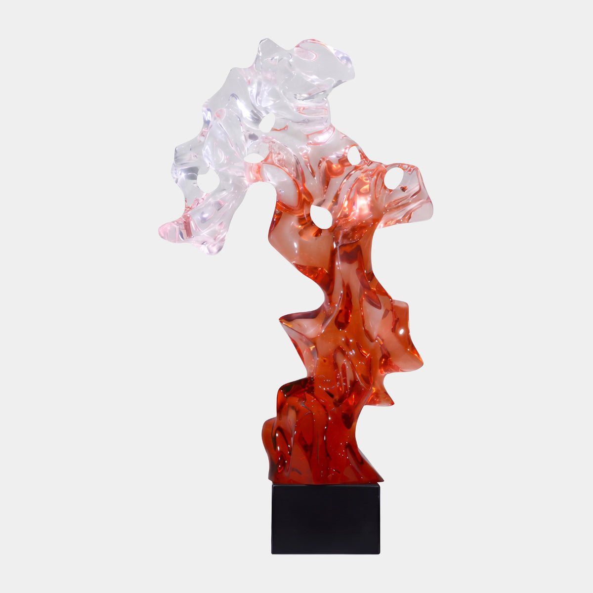 Red to Clear Graduated Scholar's Rock Resin Sculpture, 76cm, with perforated organic form on a black square base, set against a plain light grey background.