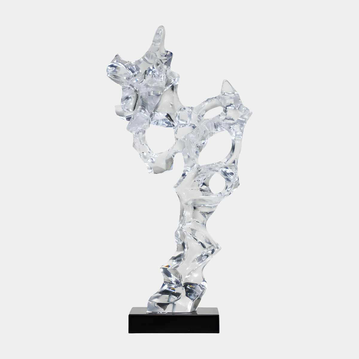 Clear Branching Scholar's Rock Resin Sculpture, 86cm, with twisted branching arms and ring-shaped openings on a black marble base, shown against a plain white background.
