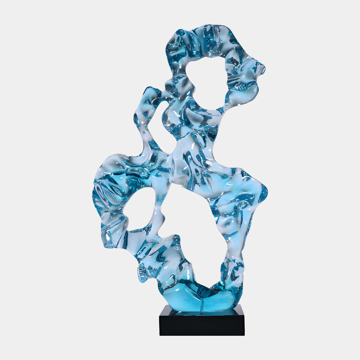 Aqua Knotted Scholar's Rock Resin Sculpture - 97cm by Giant Sculptures, a looped aqua resin form with rippled surface on a black marble base, plain white background.