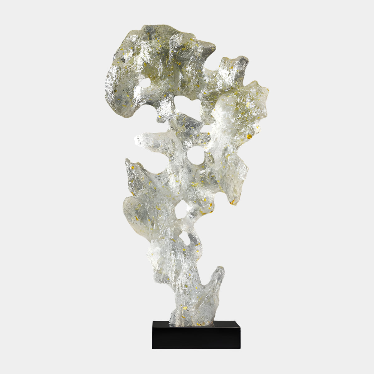 Gold Fleck Spired Scholar's Rock Resin Sculpture, 94cm, clear granular form with gold and amber flecks on a black marble base, plain light background.