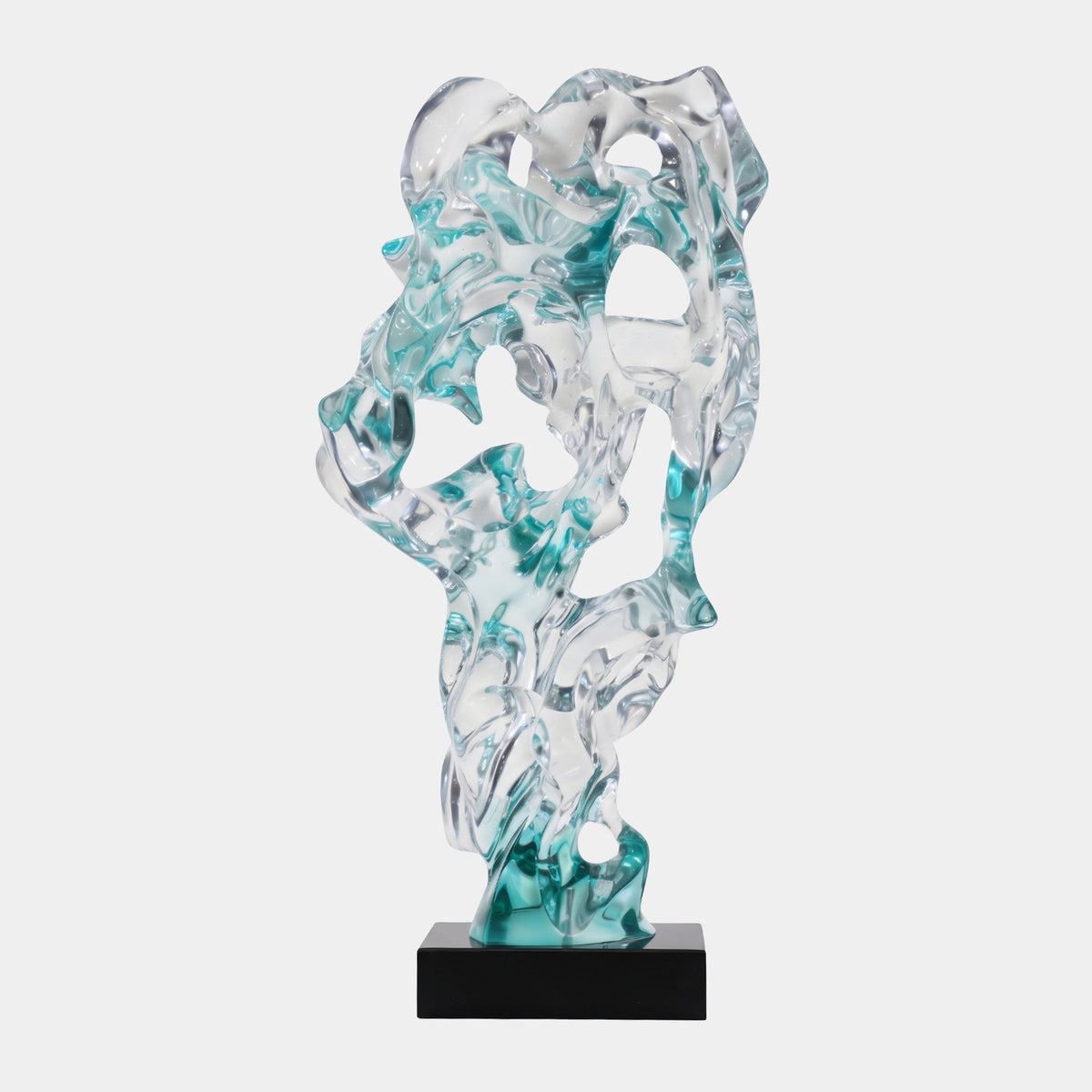 Blue Faceted Scholar's Rock Resin Sculpture, 86cm, with angular planes and cut-through openings on a black base, shown against a plain white background.