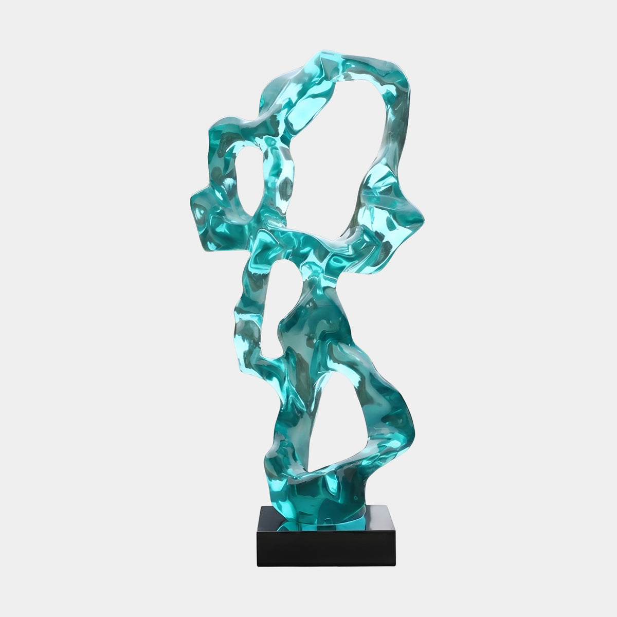 Aqua Looped Scholar's Rock Resin Sculpture, 150cm, with two large open loops joined by a twisted aqua resin column on a black marble base, set against a plain white background.