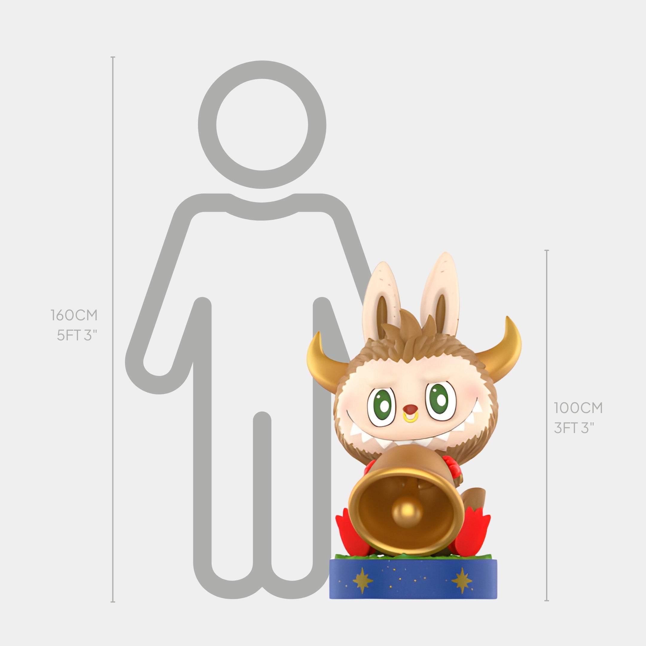 The Constellation Taurus Labubu Sculpture - 100cm by Giant Sculptures features a cartoonish figure with big green eyes, horns, large ears, and a golden bell. Made of fibreglass, it stands on a decorated base beside a 160 cm human outline.